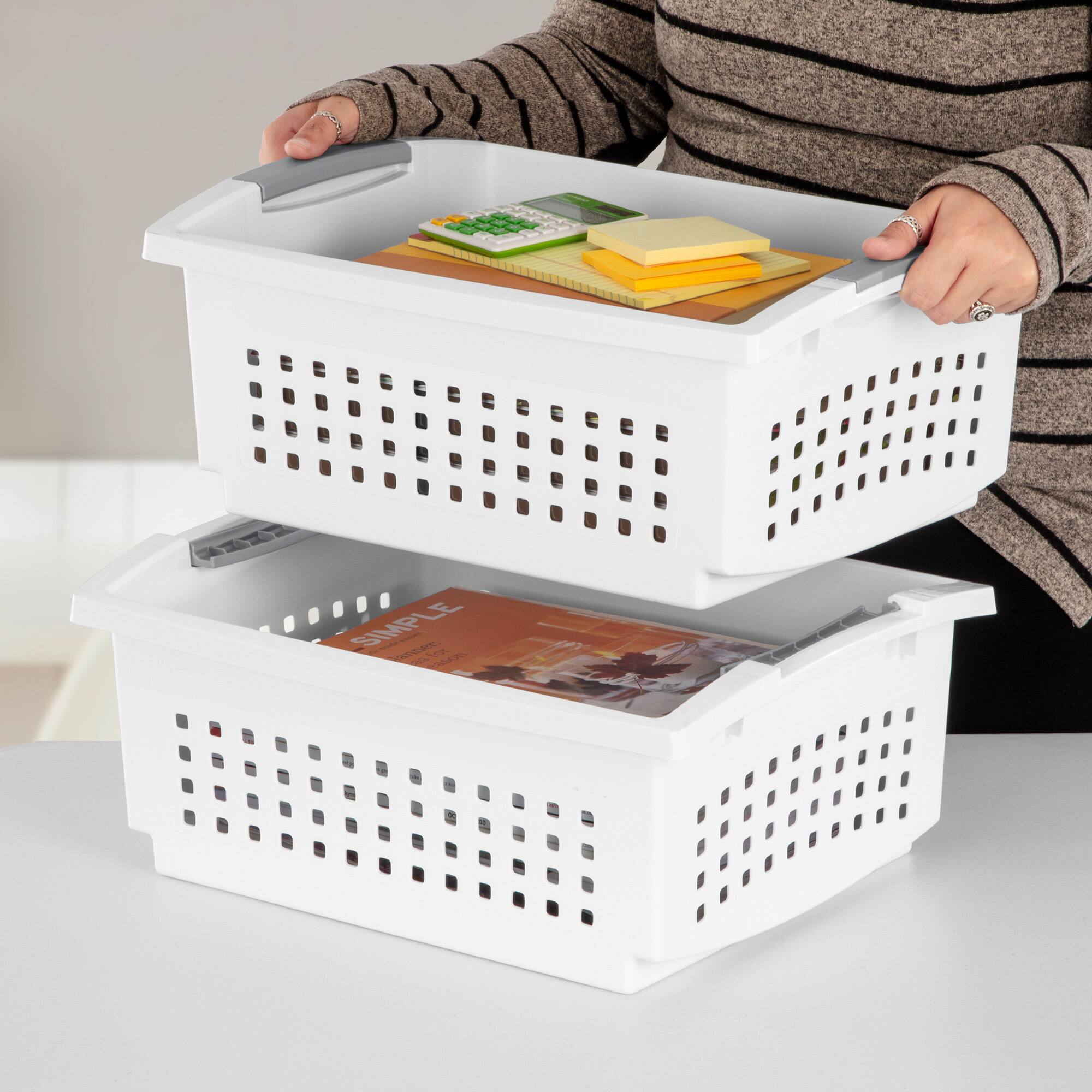 Alt View 6. Sterilite - Sterilite Large Stacking Basket, Open Top Storage Bin w/ Handles, 4 Pack, White.