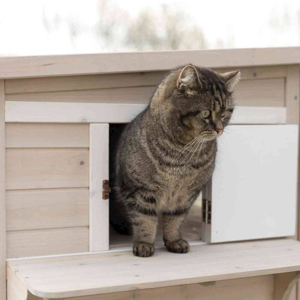 Angle. TRIXIE - Outdoor 3-Story Cat House, Weatherproof Cat Shelter, Escape Doors and Windows - Gray.