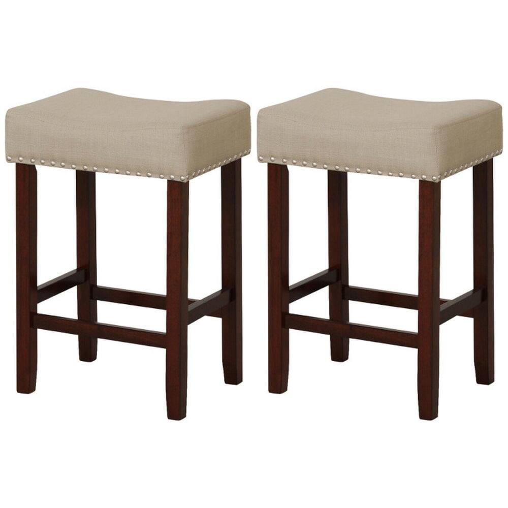 Back. Kadyn - 2-Pc Set 24 In Bar Stool with Curved Seat Cushions-Beige, for Kitchen Island - Beige.