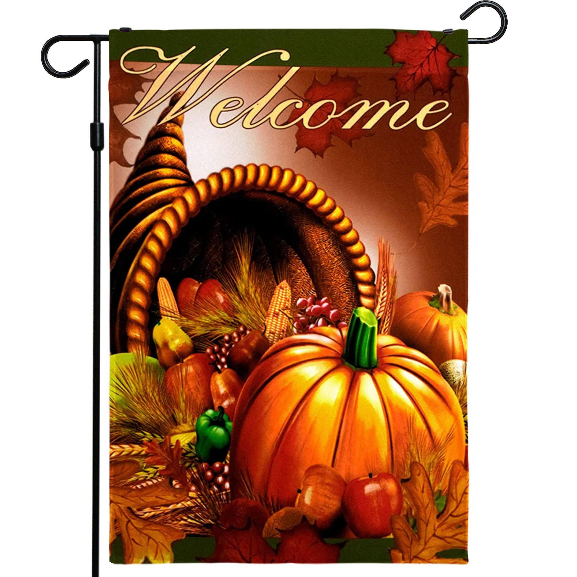 Front. G128 - Home Decorative Fall Garden Flag, Welcome Quote with Maple Leaves and Pumpkins, 12 x 18 Inch 150D Polyester - Assorted Colors.