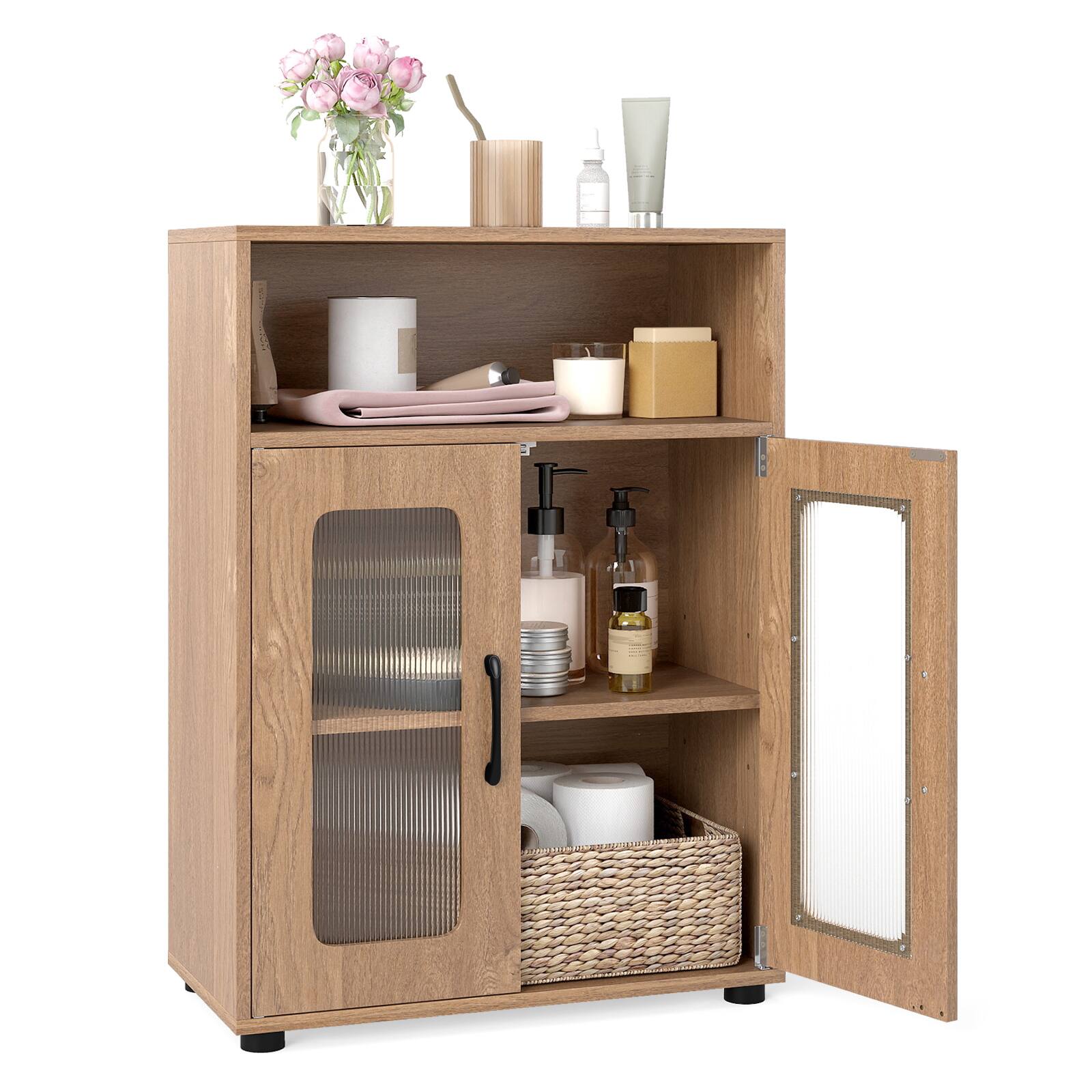 Front. Gymax - Gymax Bathroom Cabinet Freestanding Cabinet w/ 2 Doors & 3-Level Adjustable Shelf Natural - Yellow.