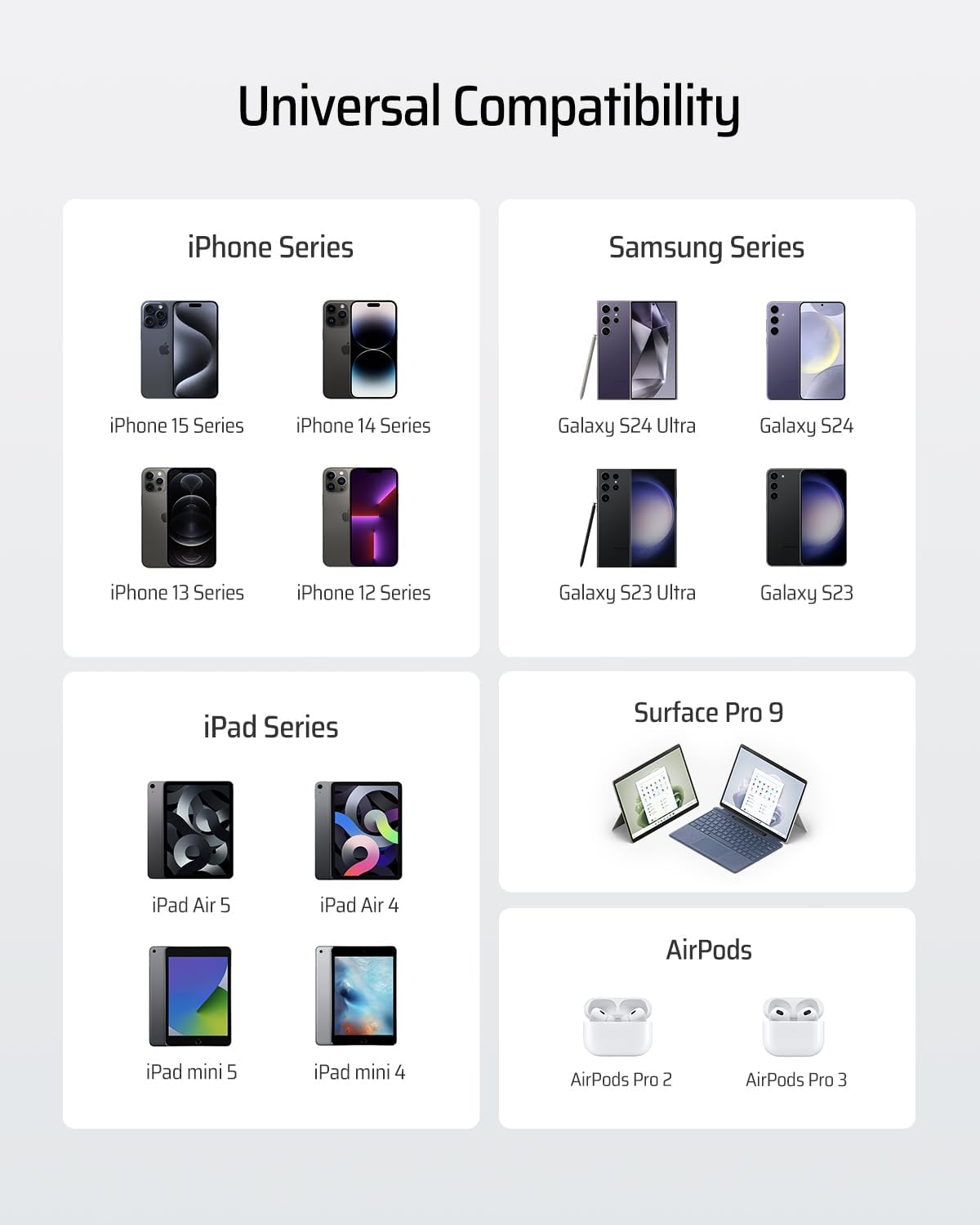 Universal Compatibility

iPhone Series
- iPhone 15 Series
- iPhone 14 Series
- iPhone 13 Series
- iPhone 12 Series

Samsung Series
- Galaxy S24 Ultra
- Galaxy S24
- Galaxy S23 Ultra
- Galaxy S23

iPad Series
- iPad Air 5
- iPad Air 4
- iPad mini 5
- iPad mini 4

Surface Pro 9

AirPods
- AirPods Pro 2
- AirPods Pro 3