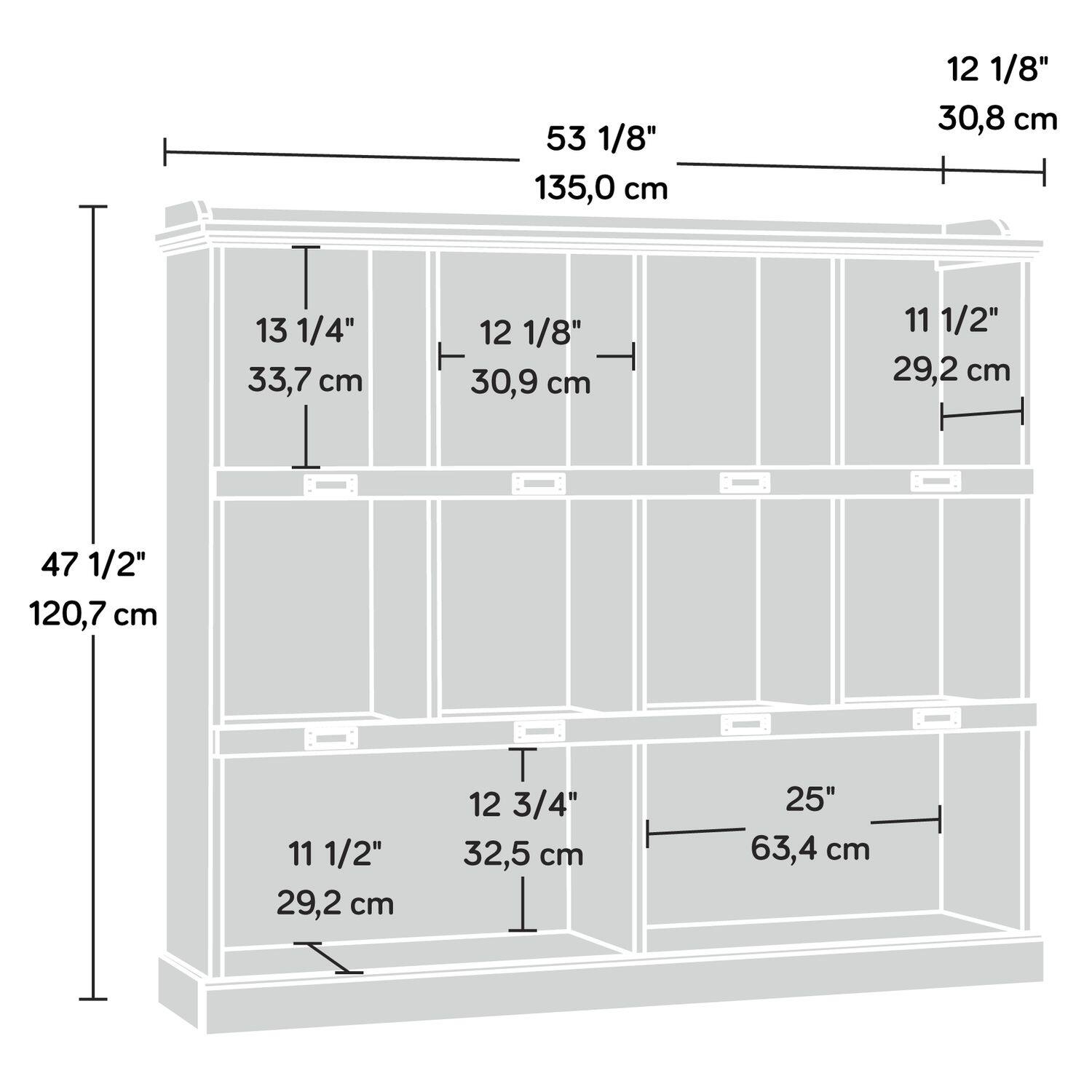 53 1/8" 135,0 cm  
12 1/8" 30,8 cm  
13 1/4" 33,7 cm  
12 1/8" 30,9 cm  
11 1/2" 29,2 cm  
47 1/2" 120,7 cm  
11 1/2" 29,2 cm  
12 3/4" 32,5 cm  
25" 63,4 cm