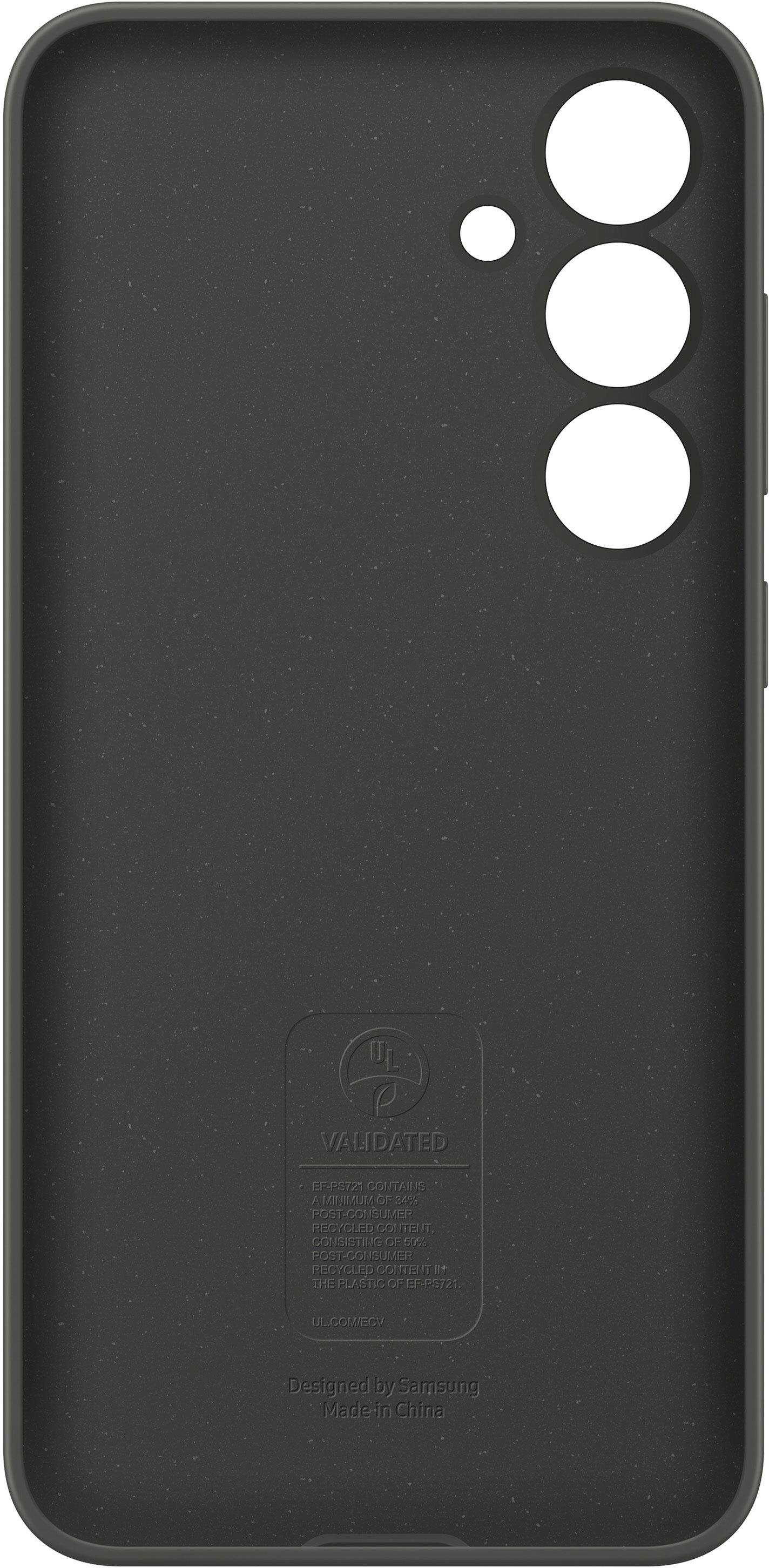 The image features a black cell phone case with a white circle on the back. The case is made of post-consumer recycled plastic, and it contains a claim that it is validated by the EF-P3721. The case is designed by Samsung and made in China.