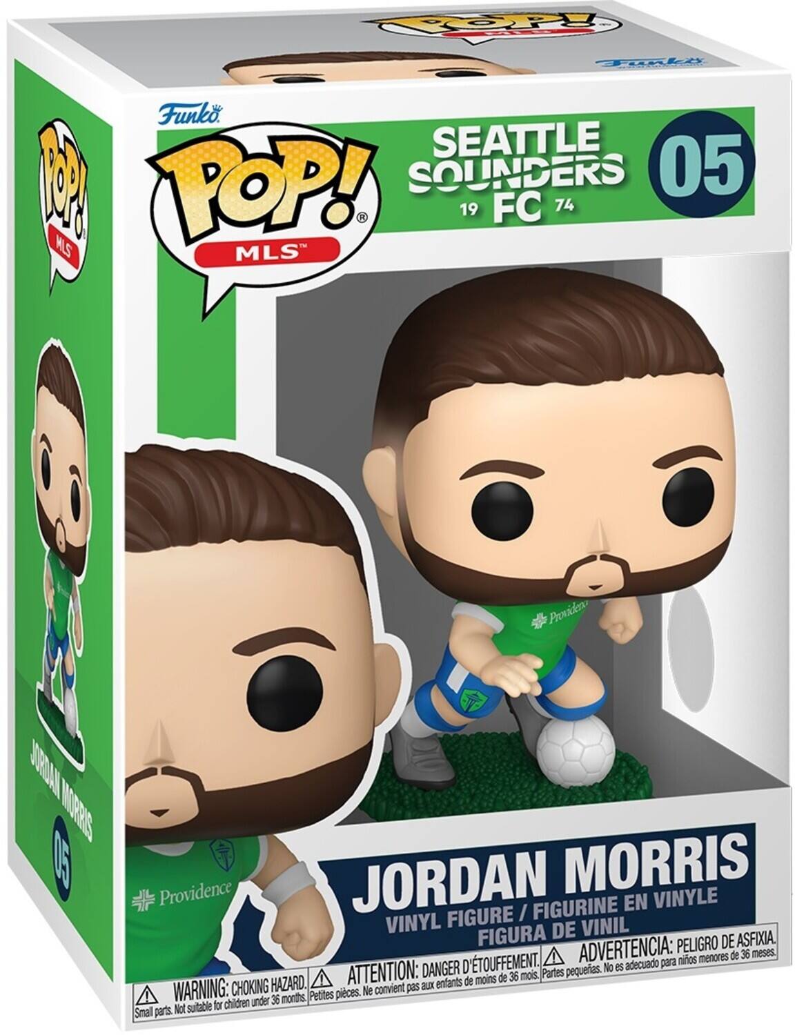 Sure, here is the corrected and grouped text from the image:

---

**Top Left:**
- Funko
- POP! MLS

**Top Right:**
- SEATTLE SOUNDERS
- 19 FC 74
- 05

**Center:**
- JORDAN MORRIS
- VINYL FIGURE / FIGURINE EN VINYLE
- FIGURA DE VINIL

**Bottom:**
- WARNING: CHOKING HAZARD. Small parts. Not suitable for children under 36 months.
- ATTENTION: DANGER D'ÉTOUFFEMENT. Petites pièces. Ne convient pas aux enfants de moins de 36 mois.
- ADVERTENCIA: PELIGRO DE ASFIXIA. Partes pequeñas. No es adecuado para niños menores de 36 meses.

**Additional Text:**
- Providence

---