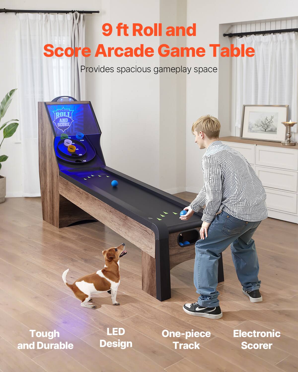 9 ft Roll and Score Arcade Game Table  
Provides spacious gameplay space  

Tough and Durable  
LED Design  
One-piece Track  
Electronic Scorer
