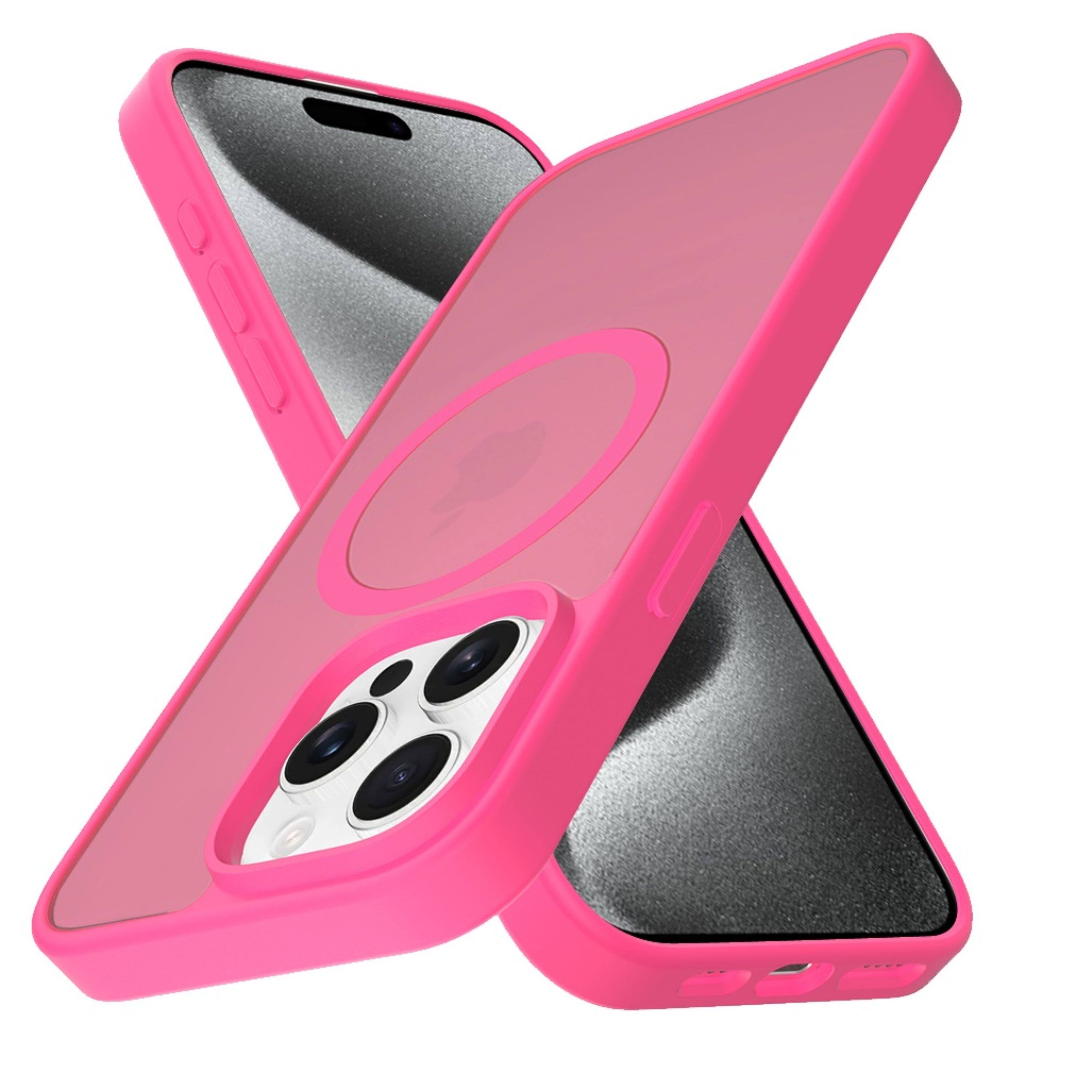 Left. Kitcheniva - Soft Translucent Magnetic Circle Phone Case With 2 Pcs Tempered Glass For iPhone 15 Pro Max Hot Pink - Hot Pink.