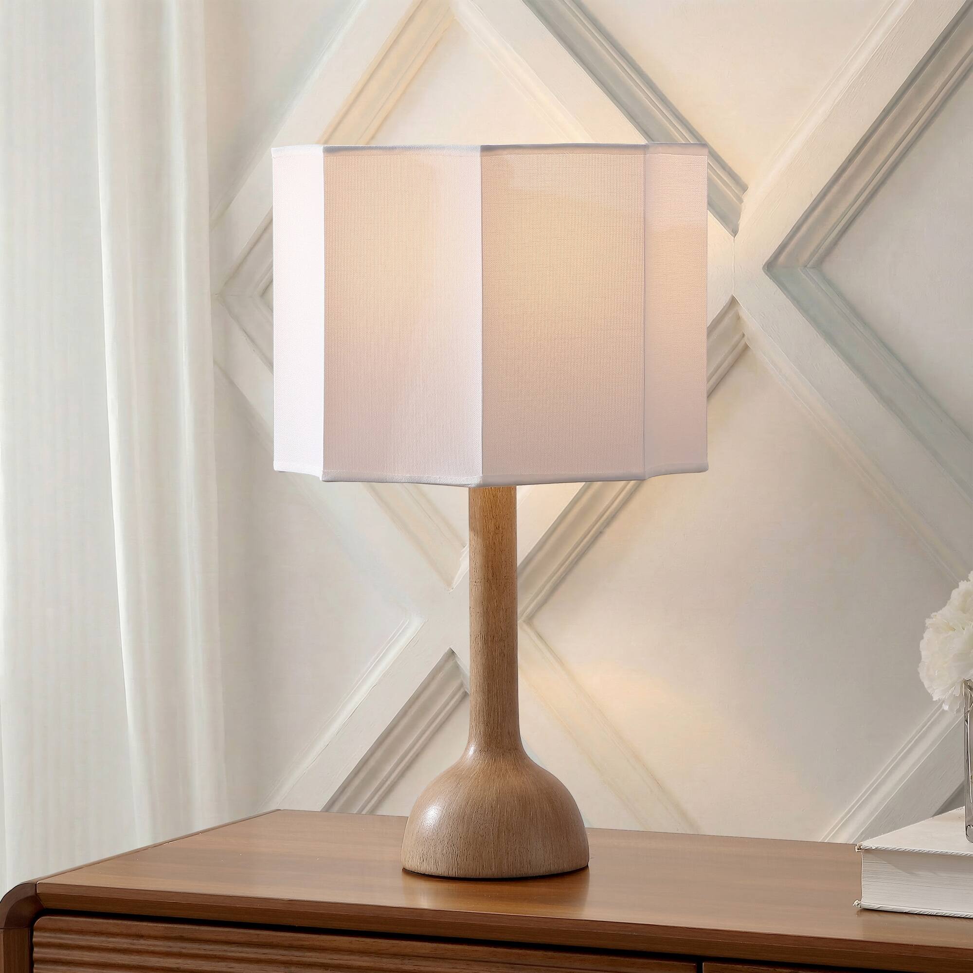 Alt View 1. Jonathan Y - Lisbet 21 in. Mid-Century Modern Tubular Gourd Resin LED Table Lamp with Octagonal Shade, Light Brown Wood Finish - Light Brown Wood Finish.