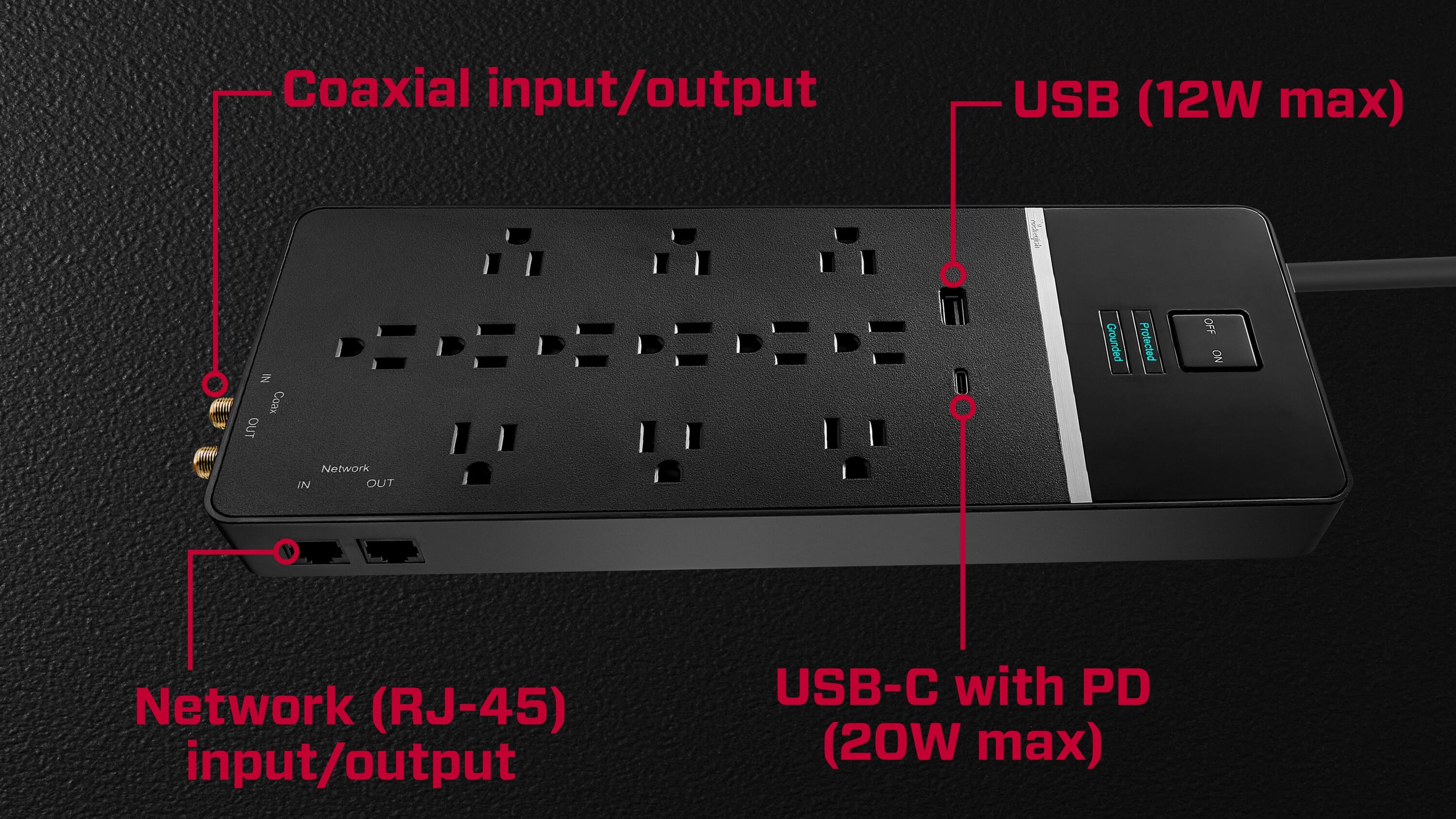 Coaxial input/output USB (12W max) Coax OUT Grounded Protected OFF NO Network IN OUT Network (RJ-45) input/output USB-C with PD (20W max)