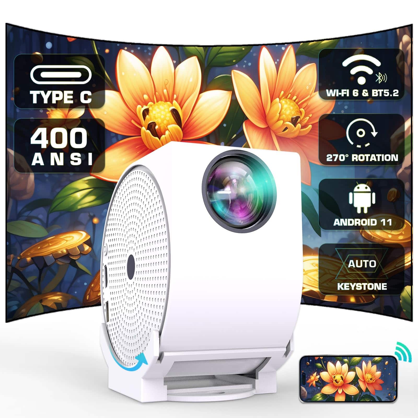 The Best Inks - [built-in Apps] Projector With Wifi And Android Smart 4k Support Portable Video 270°adjustable 400 Ansi Lumen Auto - Default