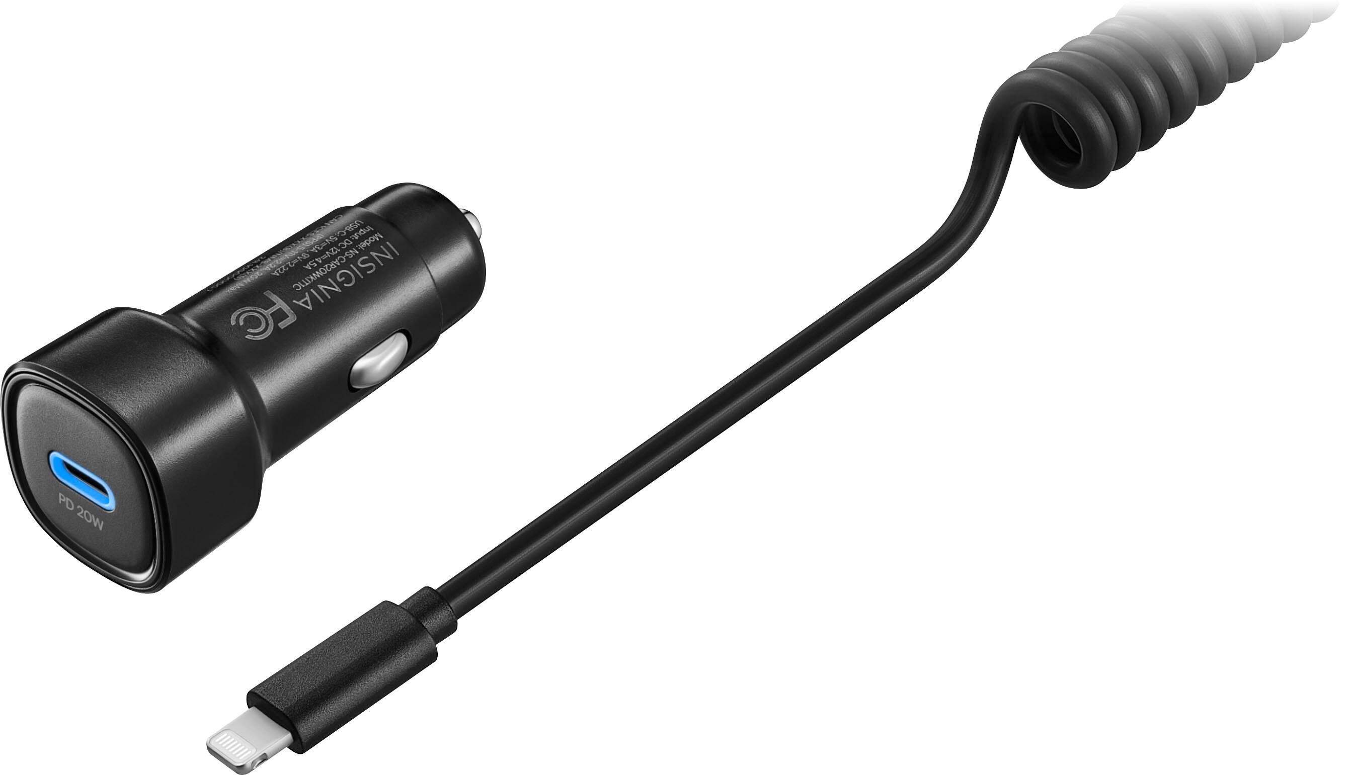 The image features a black and white photo of a small electronic device, possibly a charger or a flashlight, with a cord attached to it. The device has a blue light, and the cord is black. The text on the image reads "Y50 950 Input: DC Model. N 12m4 SN Le YS OC INSIGNIA S-CAR20WKITIC FC PD 20W." This text appears to be a description or information about the device, but it is not clear what it means without further context.