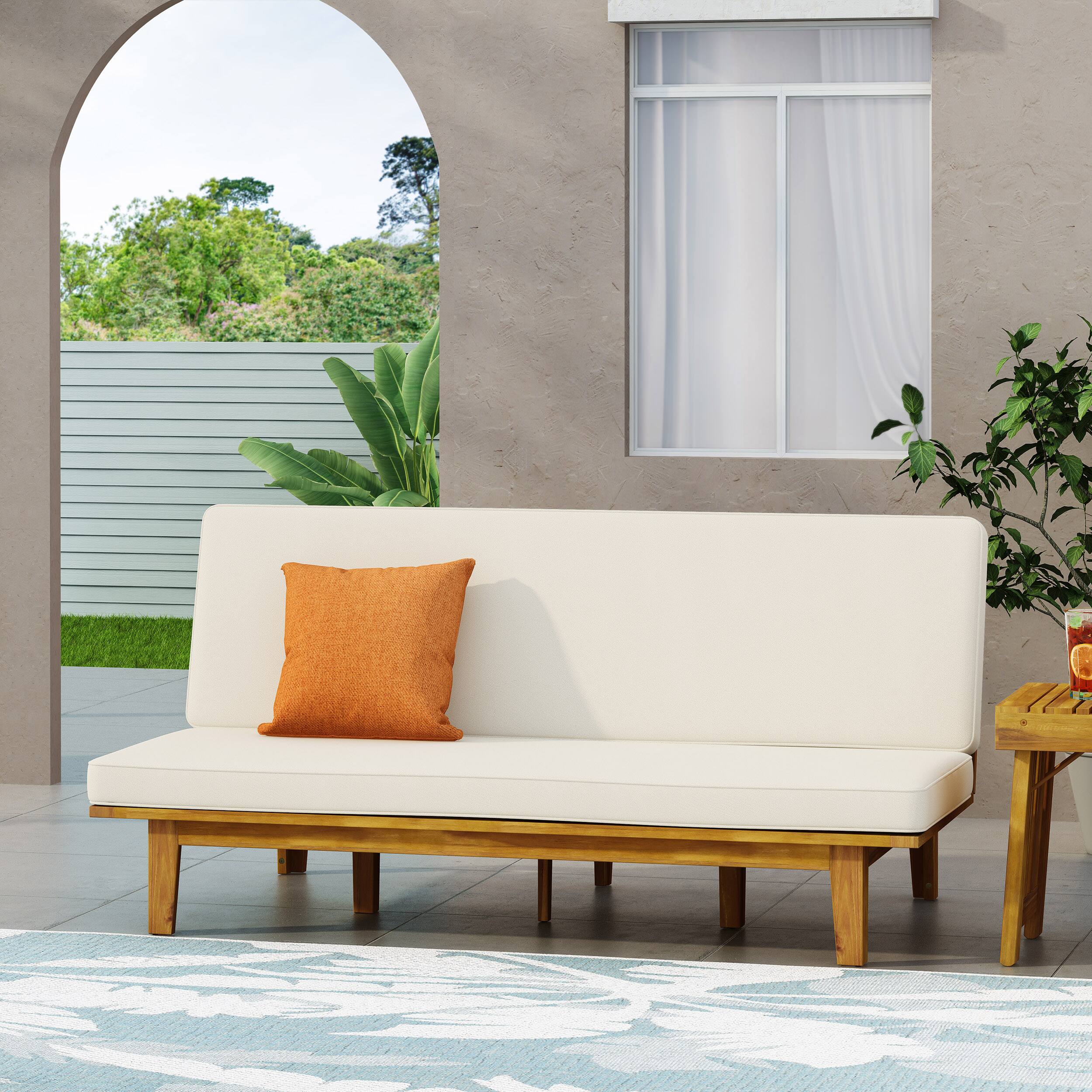 Left. Mondawe - Acacia Wood Convertible Daybed with Water-Resistant Cushions - Beige.