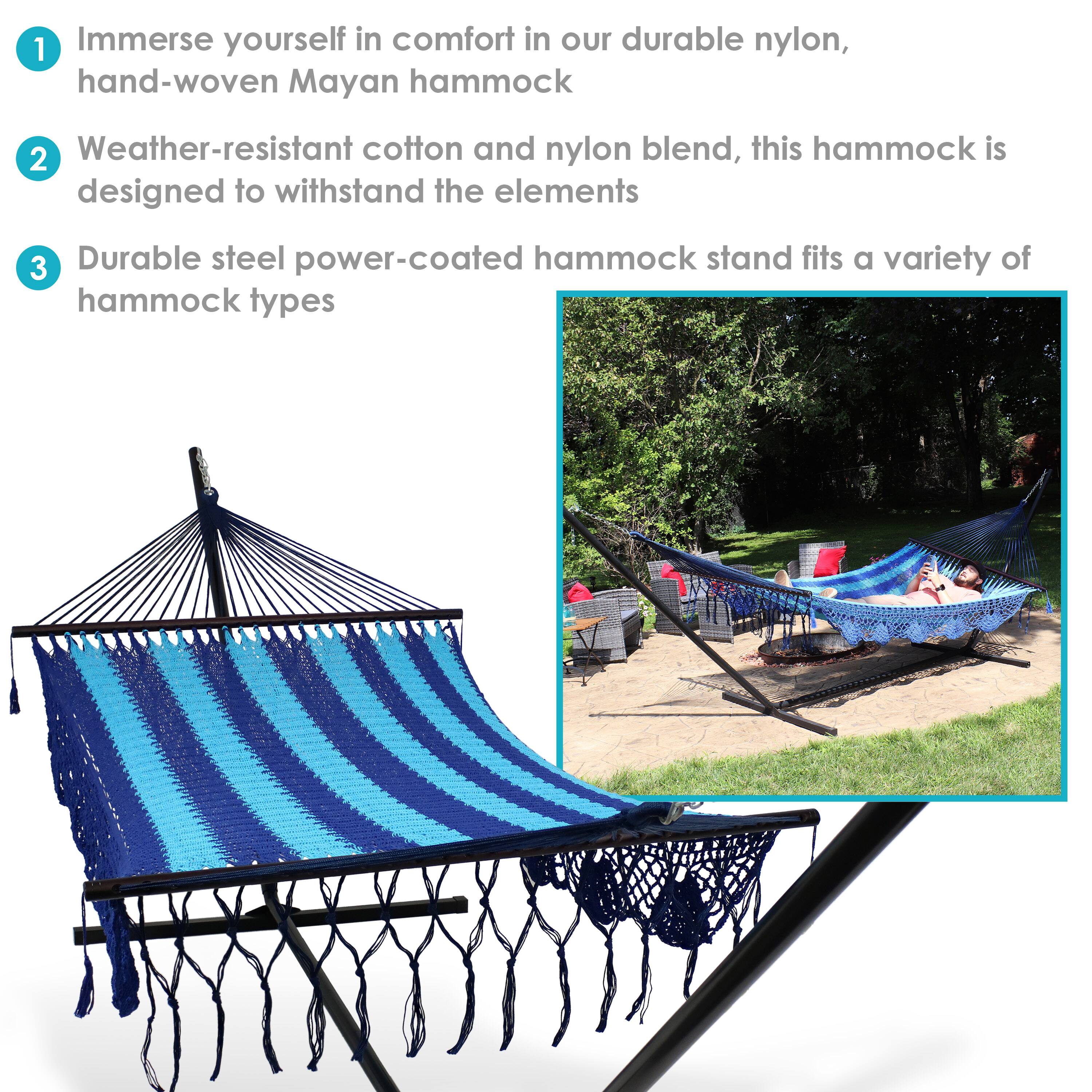 1. Immerse yourself in comfort in our durable nylon, hand-woven Mayan hammock.
2. Weather-resistant cotton and nylon blend, this hammock is designed to withstand the elements.
3. Durable steel power-coated hammock stand fits a variety of hammock types.