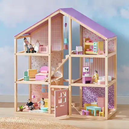 Front. Tiny Land - 3-Story Wooden Dollhouse with 31 Furniture Pieces, Dollhouse Dolls & Baby Stroller, Pretend Play Toy for Kids - Unicorn Purple.