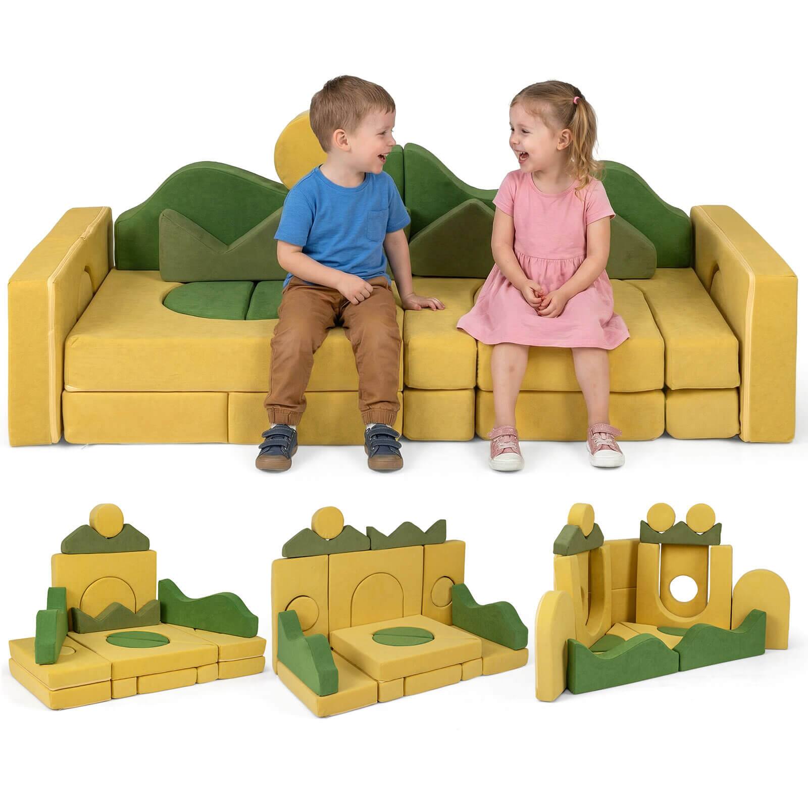 Front. Costway - Costway 19 PCS Modular Kids Play Couch: Sunrise Theme Toddler Foam Fort for Playroom. Sunrise - Yellow.