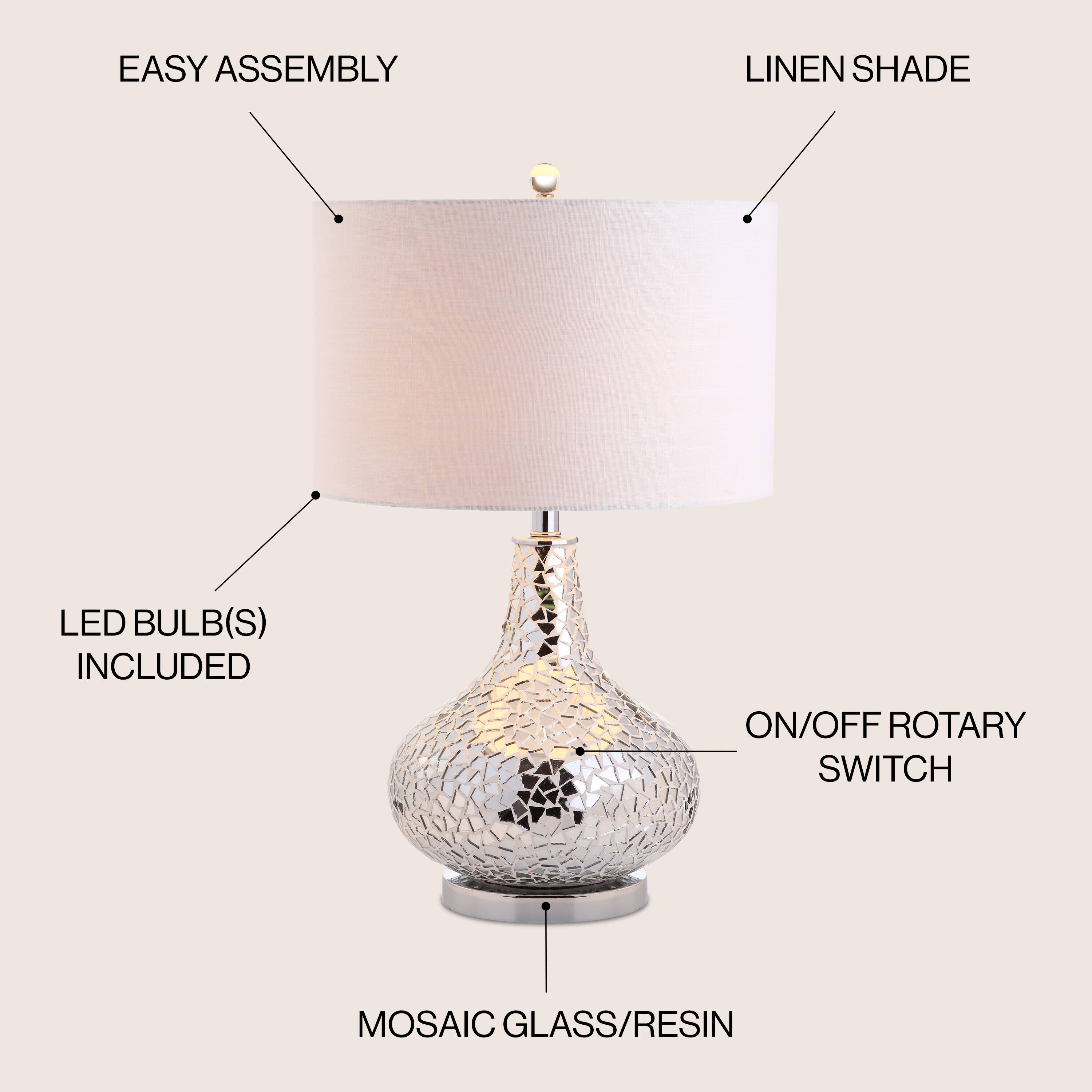 - EASY ASSEMBLY
- LINEN SHADE
- LED BULB(S) INCLUDED
- ON/OFF ROTARY SWITCH
- MOSAIC GLASS/RESIN