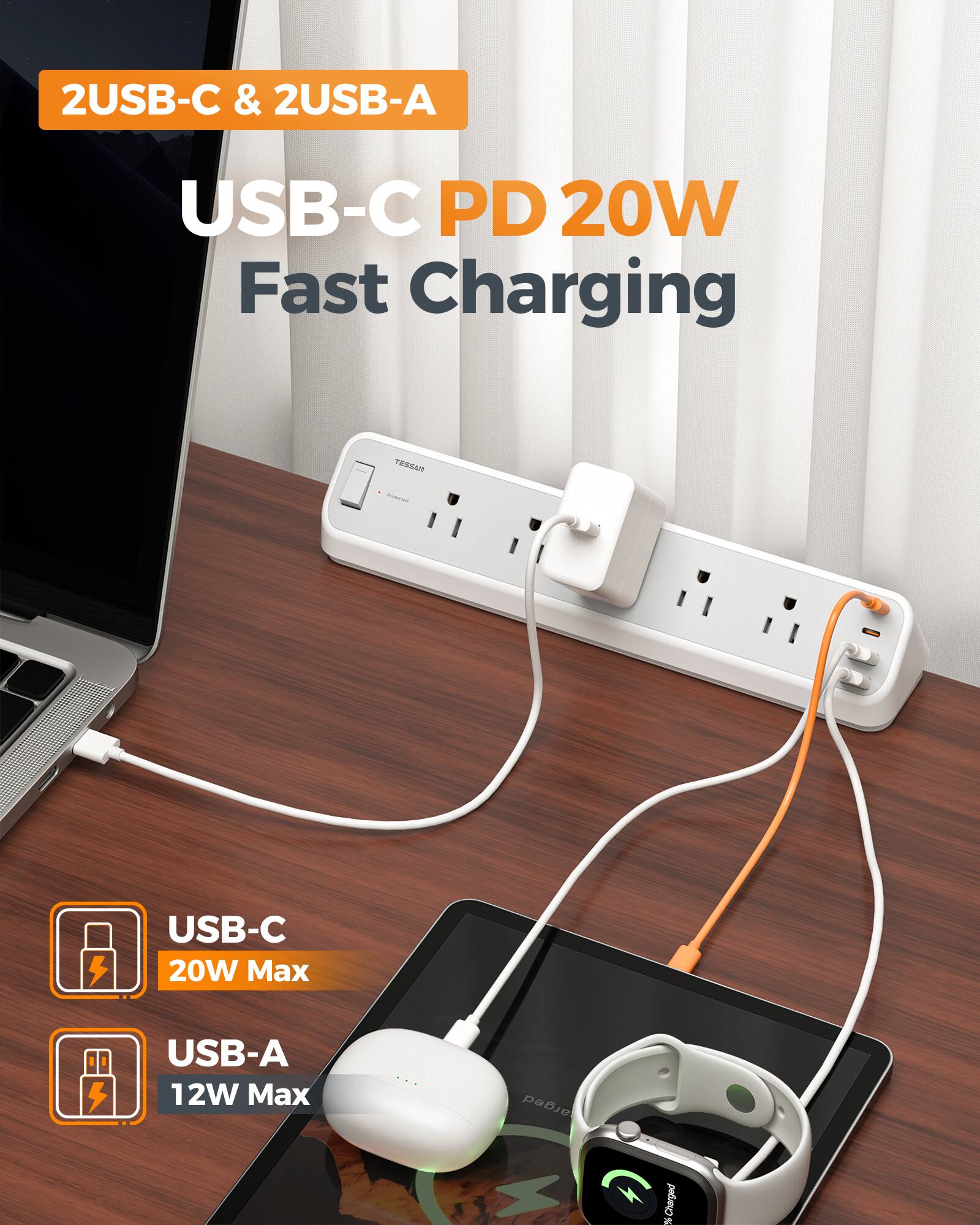 2USB-C & 2USB-A USB-C PD 20W Fast Charging

USB-C 20W Max
USB-A 12W Max