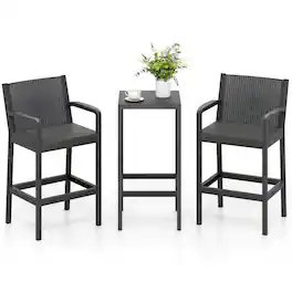 Costway - 3 Pieces Patio Bar Set with 2 Stools & 1 Bar Table Curved Backrest Armrests - Black