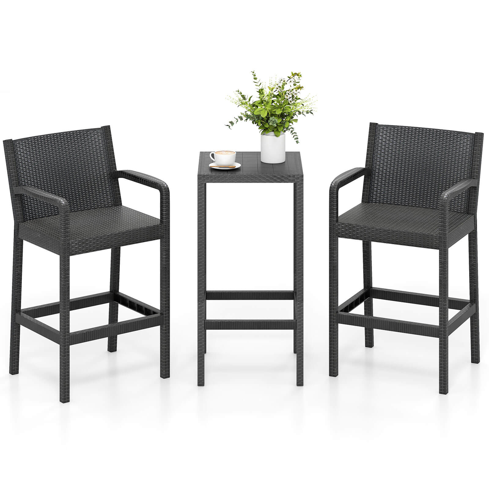 Front. Costway - Costway 3 Pieces Patio Bar Set with 2 Stools & 1 Bar Table Curved Backrest Armrests - Black.