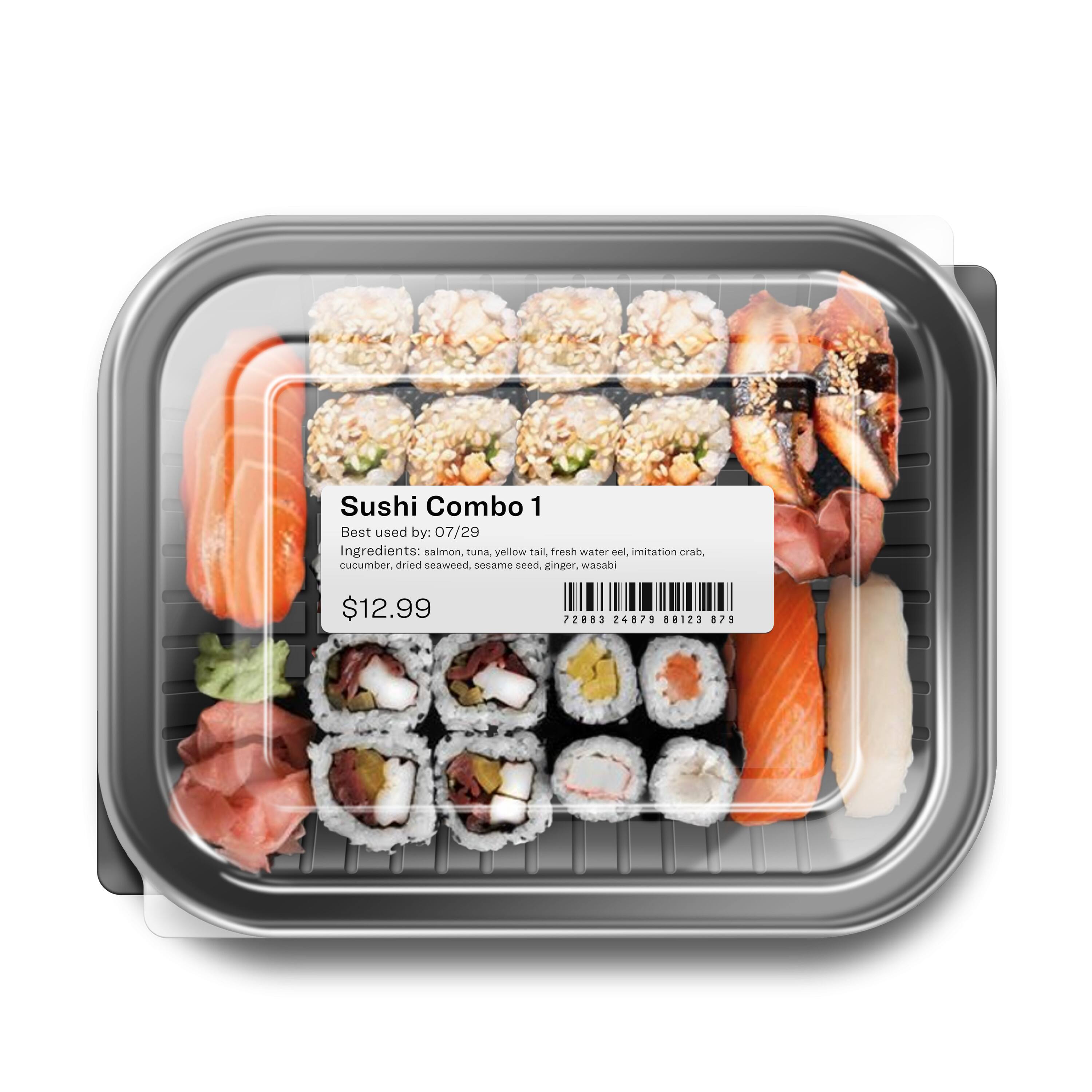 Sushi Combo 1  
Best used by: 07/29  
Ingredients: salmon, tuna, yellow tail, fresh water eel, imitation crab, cucumber, dried seaweed, sesame seed, ginger, wasabi  
$12.99  

72883 24879 0120 879