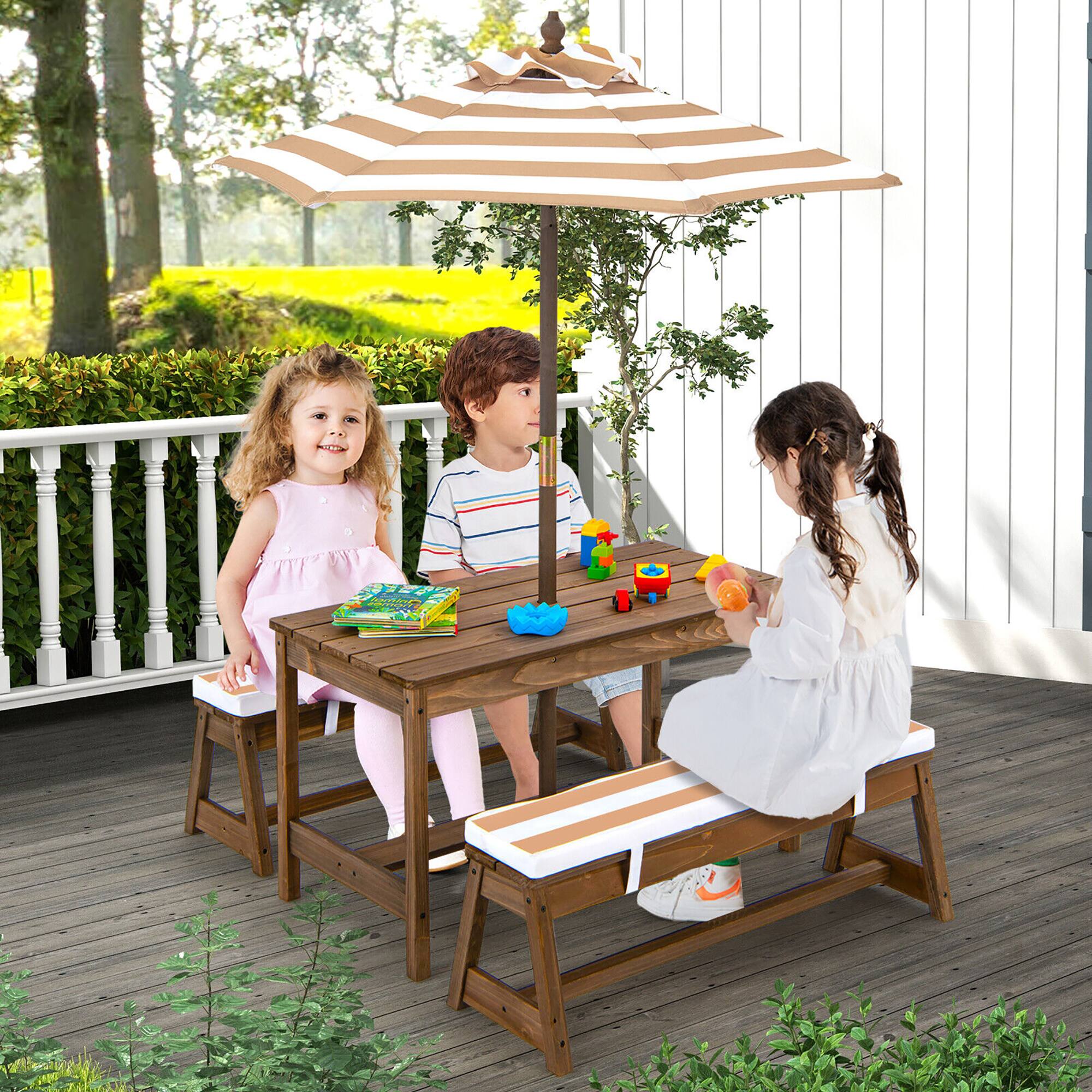 Alt View 3. Gymax - Gymax Kids Wood Picnic Table and Bench Set w/ Cushions Umbrella for Indoor Outdoor Brown - Brown.