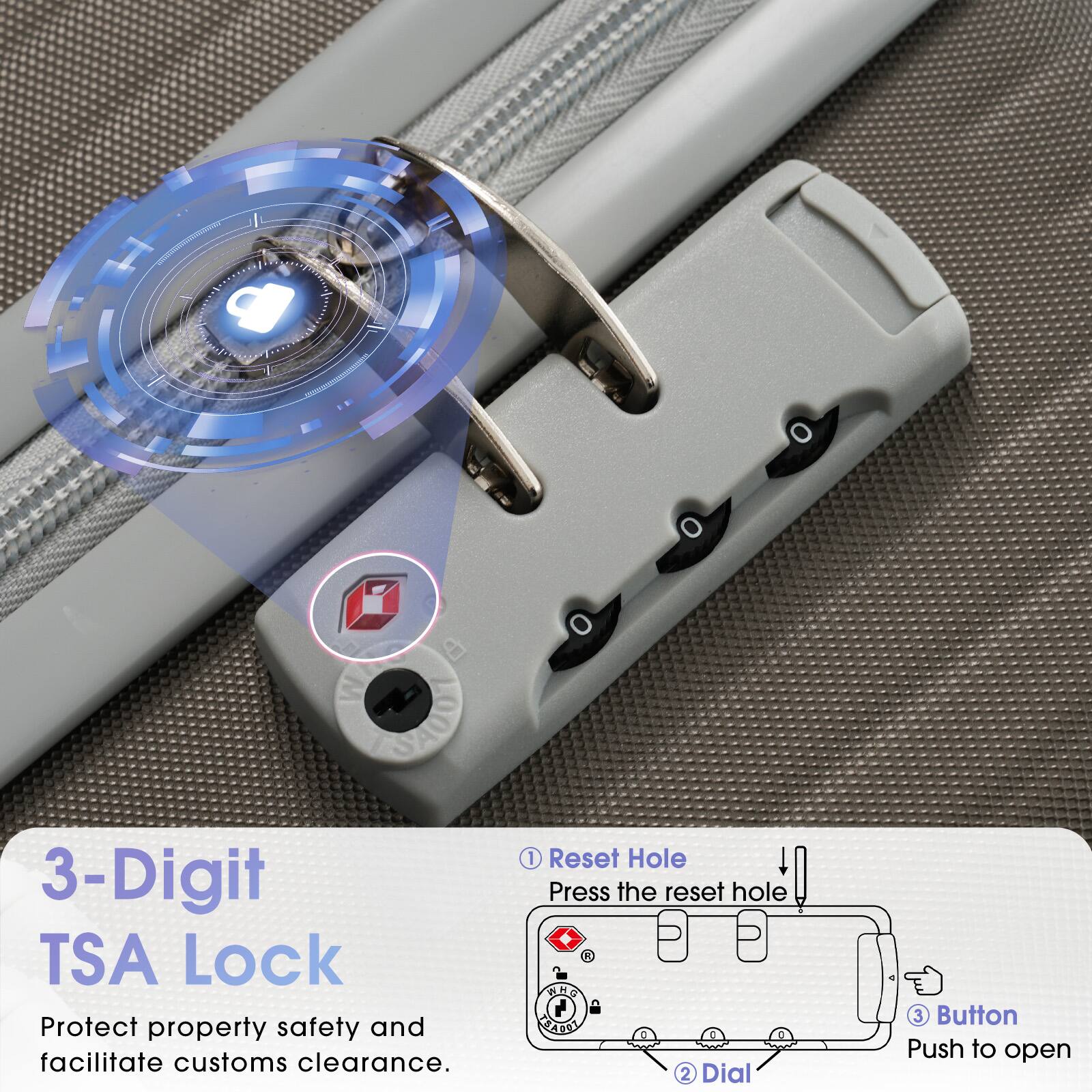 - 3-Digit TSA Lock
  - Protect property safety and facilitate customs clearance.
- Reset Hole
  - Press the reset hole
- Dial
- Button
  - Push to open