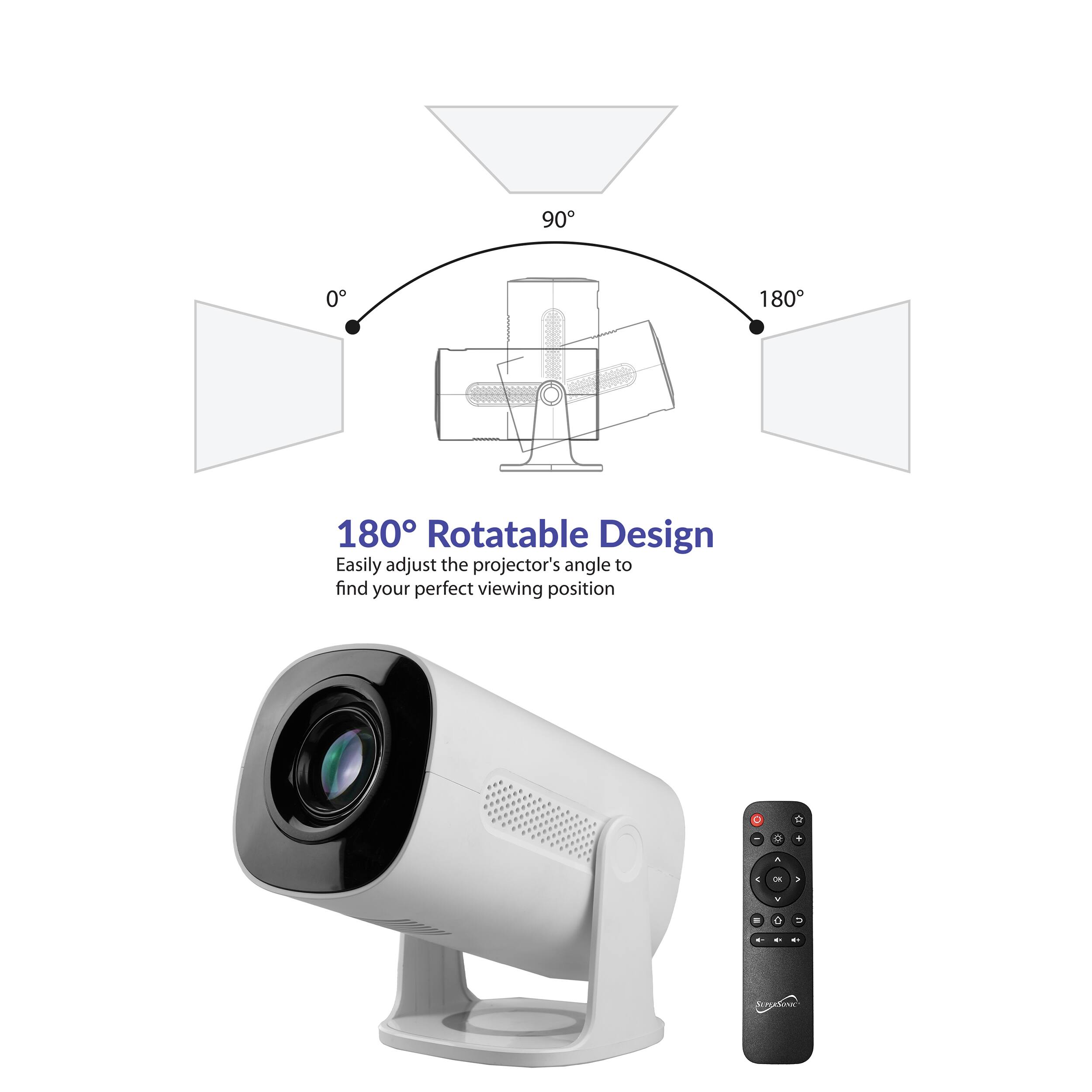 90° 0° 180° 180° Rotatable Design  
Easily adjust the projector's angle to find your perfect viewing position