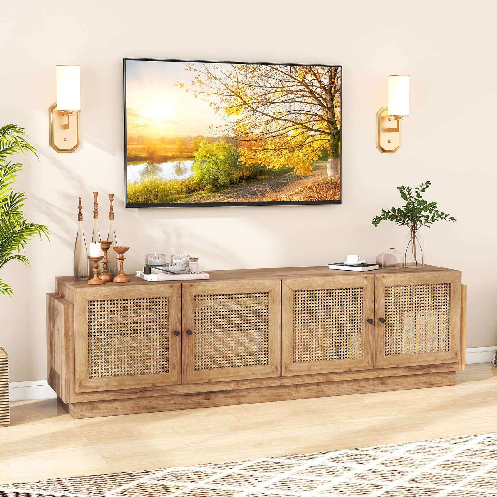 Alt View 3. Costway - Costway Farmhouse TV Stand for TVs up to 75" 2 Cabinets and 8 Cable PE Rattan Media Console Table - Oak.