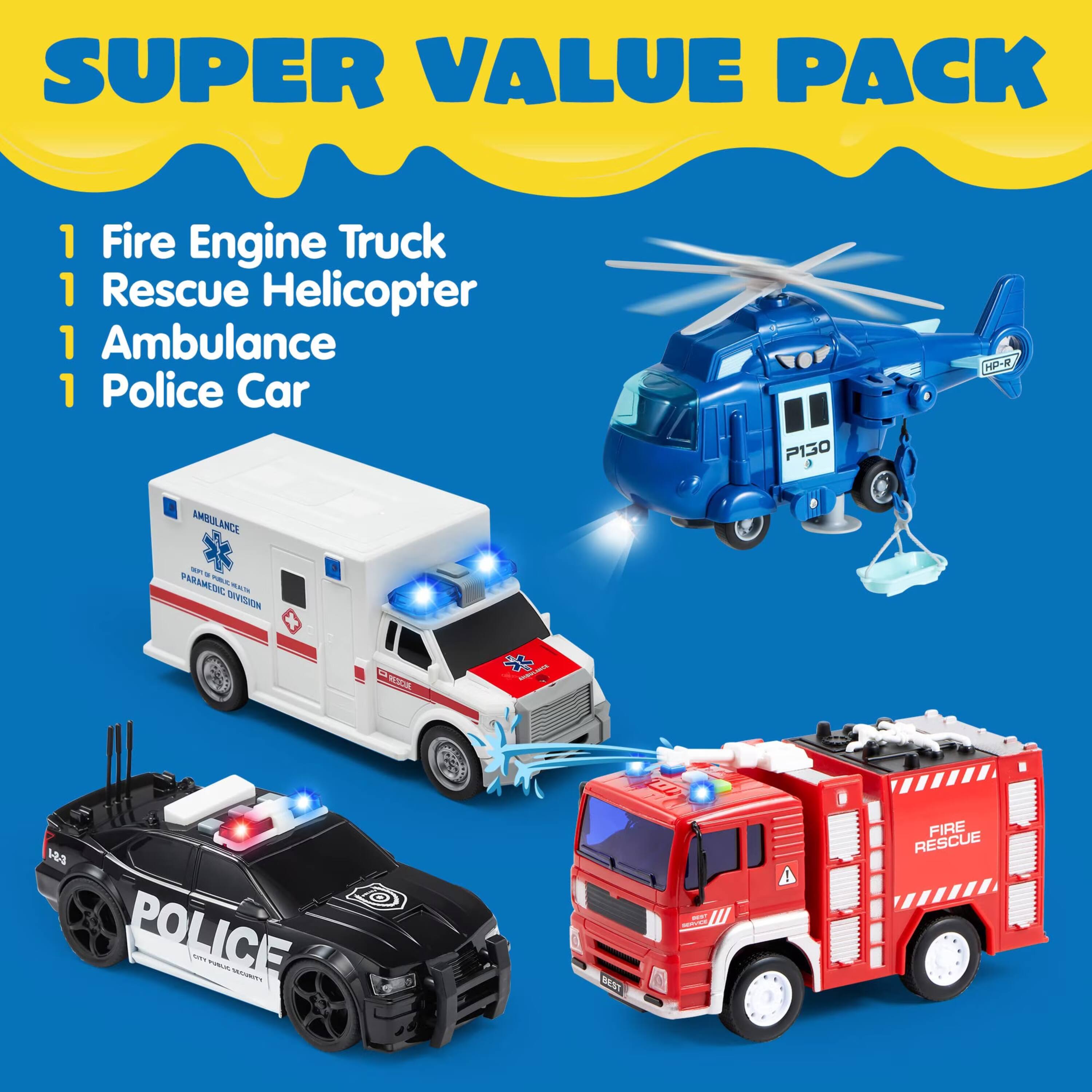 SUPER VALUE PACK

1 Fire Engine Truck  
1 Rescue Helicopter  
1 Ambulance  
1 Police Car