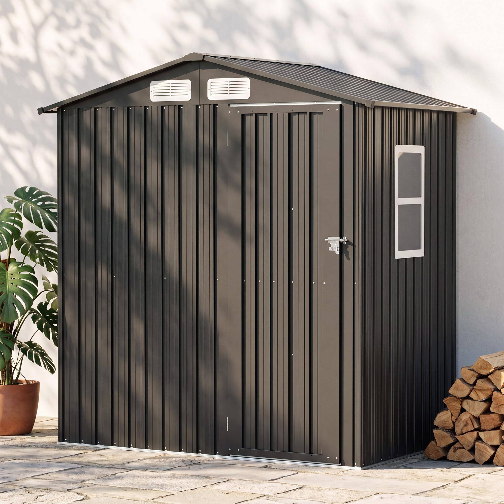 Back. LAUSAINT HOME - 6x4 FT Galvanized Steel Shed with Windows Lockable Doors  Gable Roof and Vent for Backyard Patio - Black.