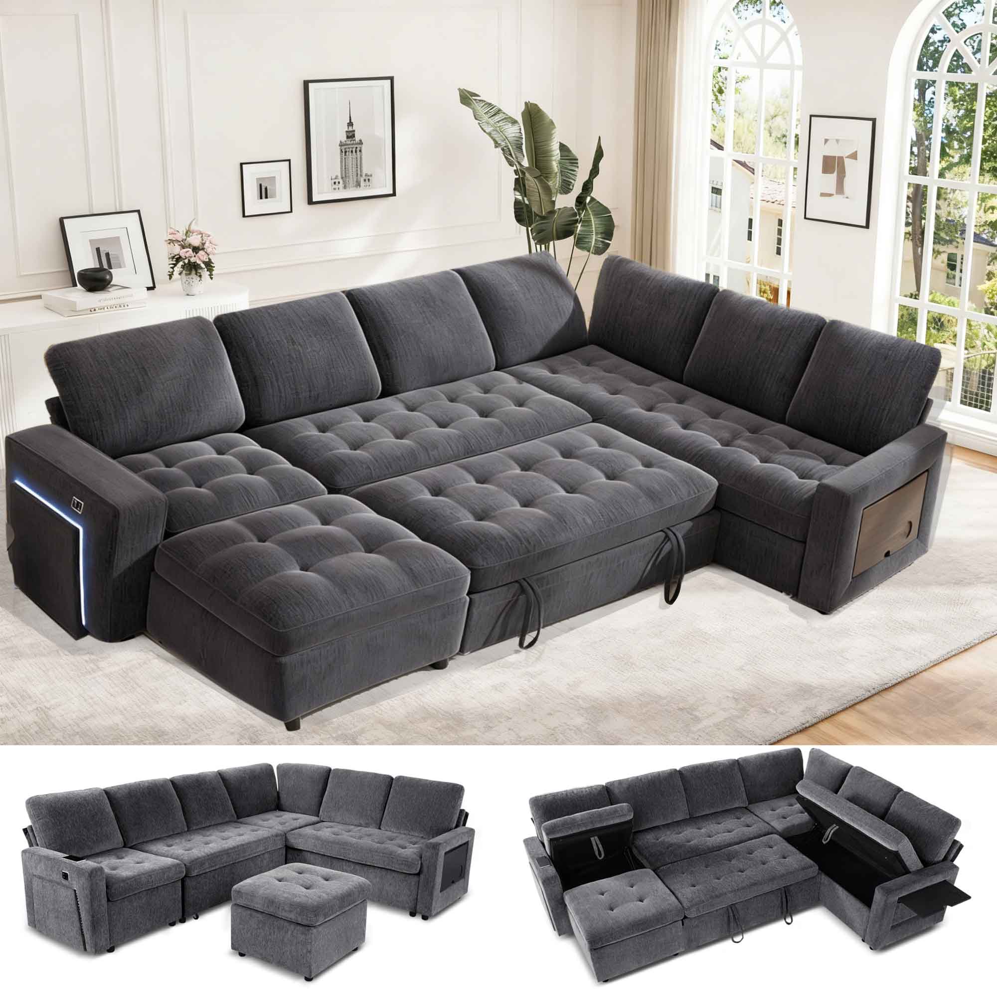 Front. Dyonery - Dyonery 7-Seat Modular Sectional Sleeper Sofa with Pull-Out Bed, Reclining Backrest, USB Ports, Table, LED Lights ,Gray - Gray.