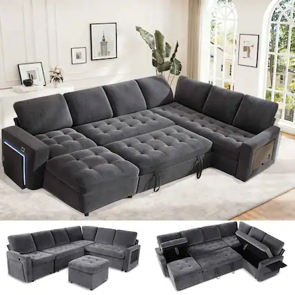 Front. Dyonery - Dyonery 7-Seat Modular Sectional Sleeper Sofa with Pull-Out Bed, Reclining Backrest, USB Ports, Table, LED Lights ,Gray - Gray.