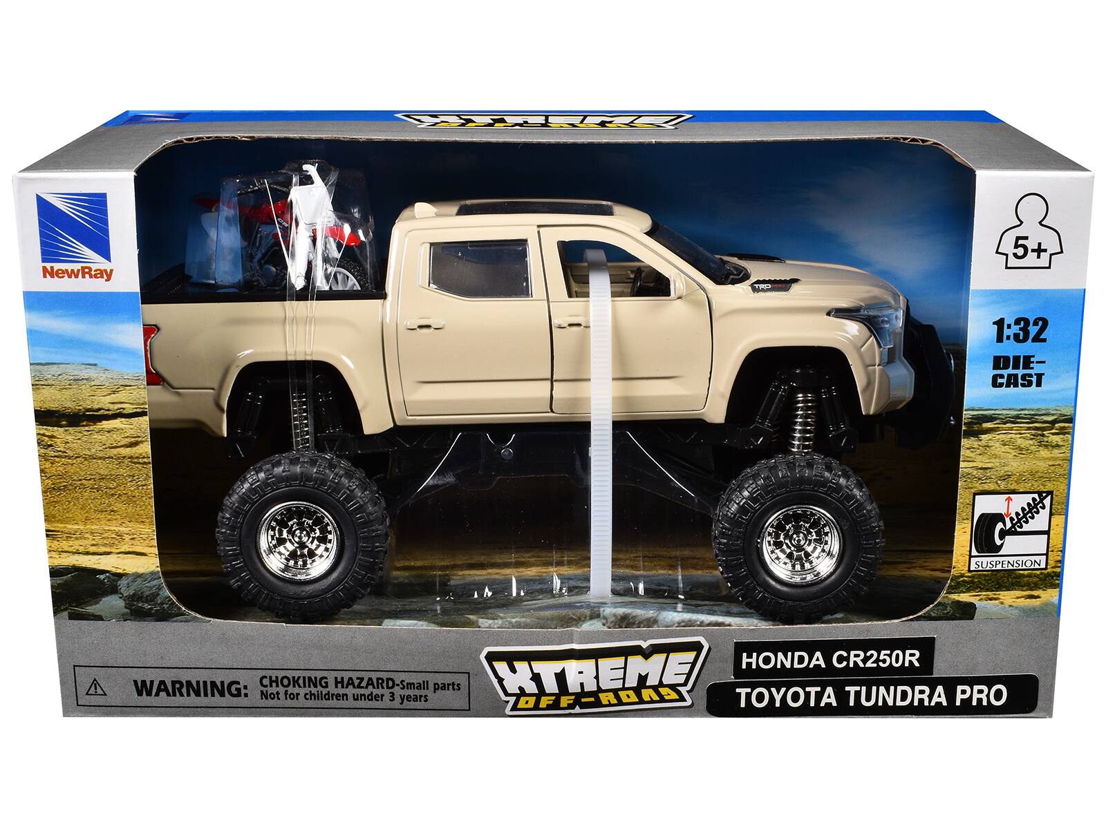 BR NewRay 5+ 1:32 DIE-CAST HHf SUSPENSION HONDA CR250R WARNING: Not CHOKING for children HAZARD-Small under 3 parts XTREME TOYOTA TUNDRA PRO years OFF-ROAD

Corrected text:
NewRay 5+ 1:32 DIE-CAST HHf SUSPENSION HONDA CR250R WARNING: CHOKING HAZARD - Small parts Not for children under 3 years XTREME TOYOTA TUNDRA PRO