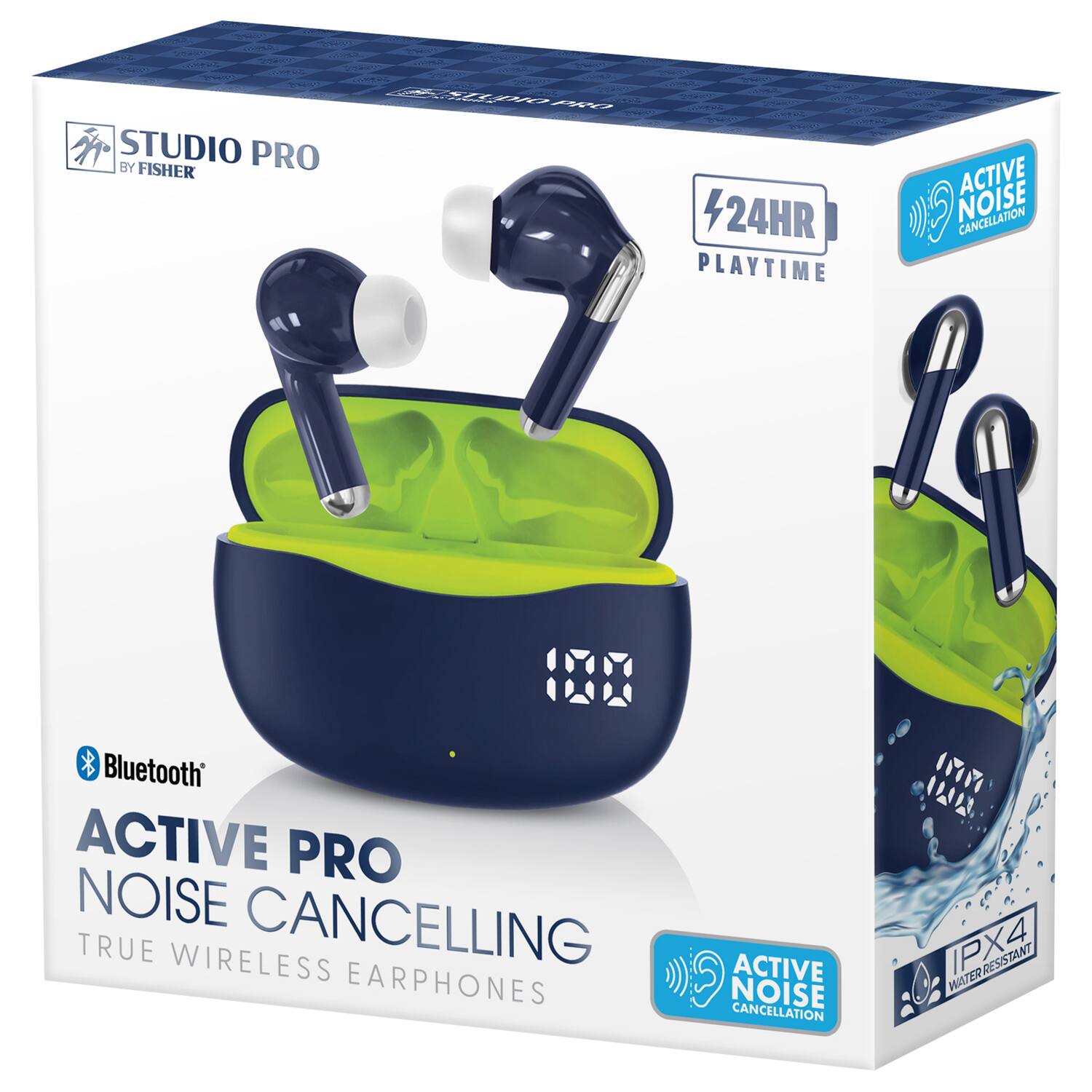 STUDIO PRO BY FISHER  
24HR PLAYTIME  
ACTIVE NOISE CANCELLATION  
Bluetooth  
ACTIVE PRO NOISE CANCELLING  
TRUE WIRELESS EARPHONES  
IPX4 WATER RESISTANT