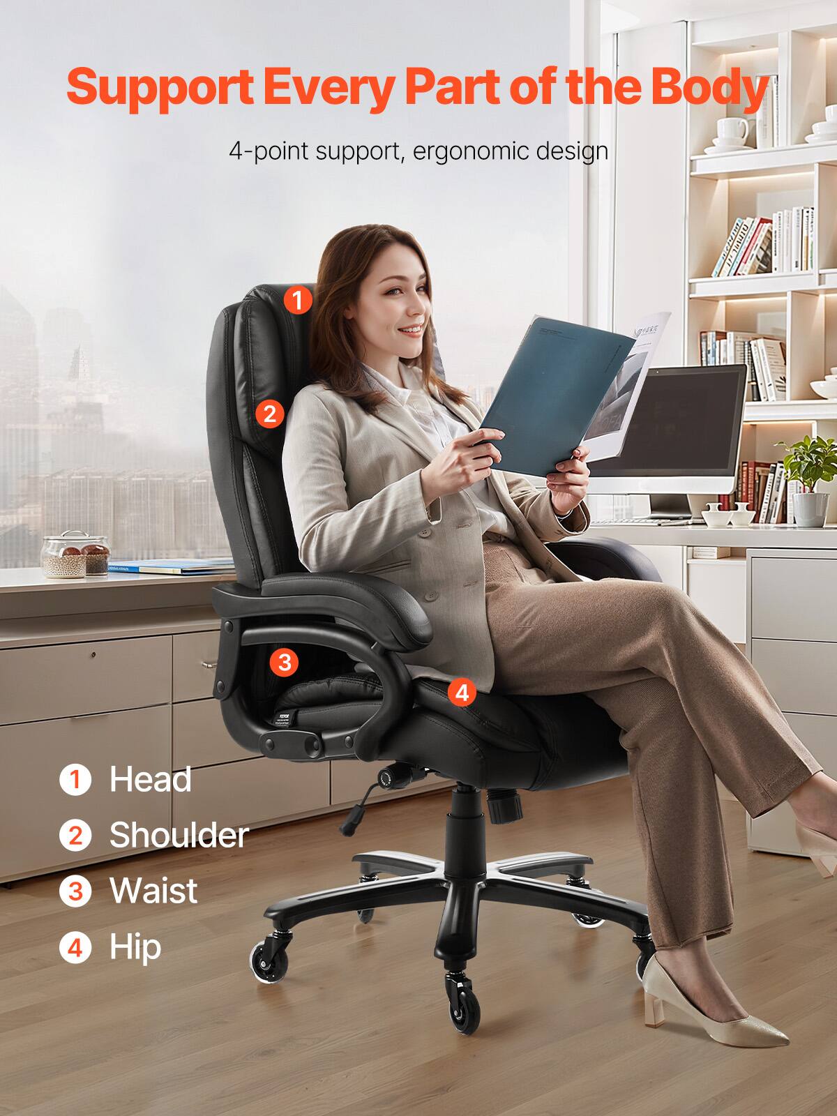Support Every Part of the Body

4-point support, ergonomic design

1. Head
2. Shoulder
3. Waist
4. Hip