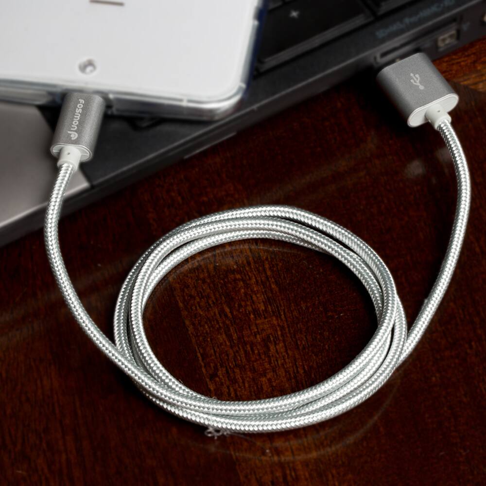 Alt View 3. Fosmon - 3ft High-Speed Micro USB to USB Sync & Charge Data Cable - Fabric Braided Jacket | Aluminum Housing | 480Mbps, Silver - Silver.