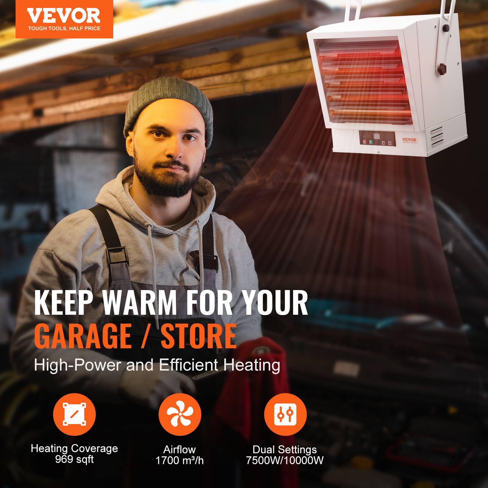 VEVOR TOUGH TOOLS, HALF PRICE

VEVOR

KEEP WARM FOR YOUR GARAGE/STORE

High-Power and Efficient Heating

Heating Coverage 969 sqft

Airflow 1700 m³/h

Dual Settings 7500W/10000W