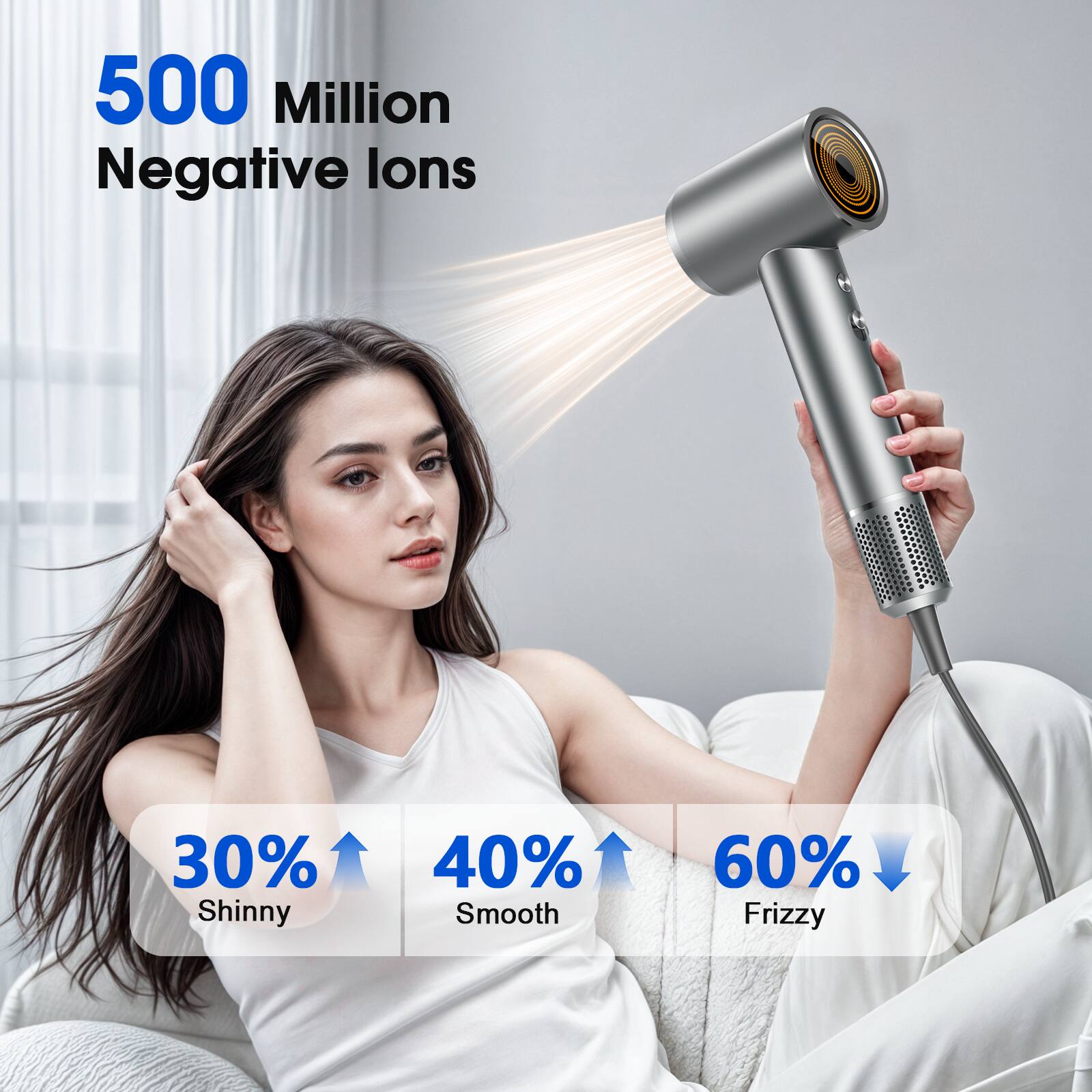 500 Million Negative Ions

30% ↑ Shiny  
40% ↑ Smooth  
60% ↓ Frizzy