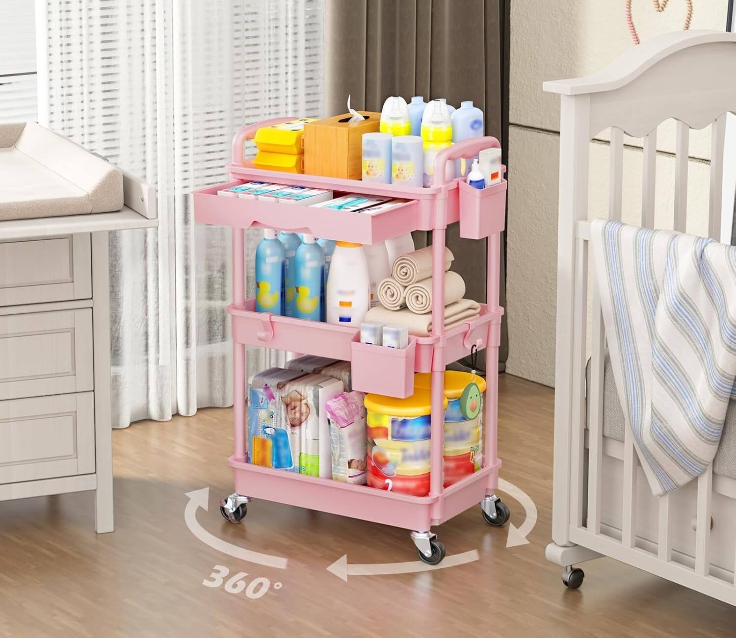 Alt View 2. FINEAK - 3-Tier Rolling Utility Cart-Removable Drawer & Lockable Wheels - Pink.