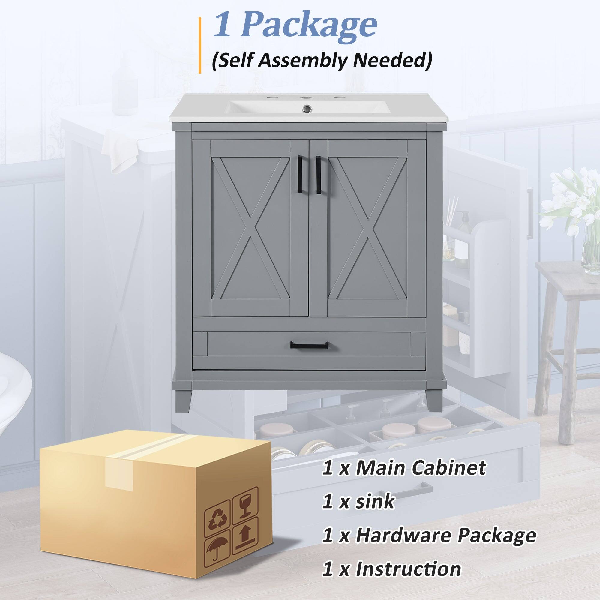 1 Package  
(Self Assembly Needed)  

1 x Main Cabinet  
1 x Sink  
1 x Hardware Package  
1 x Instruction