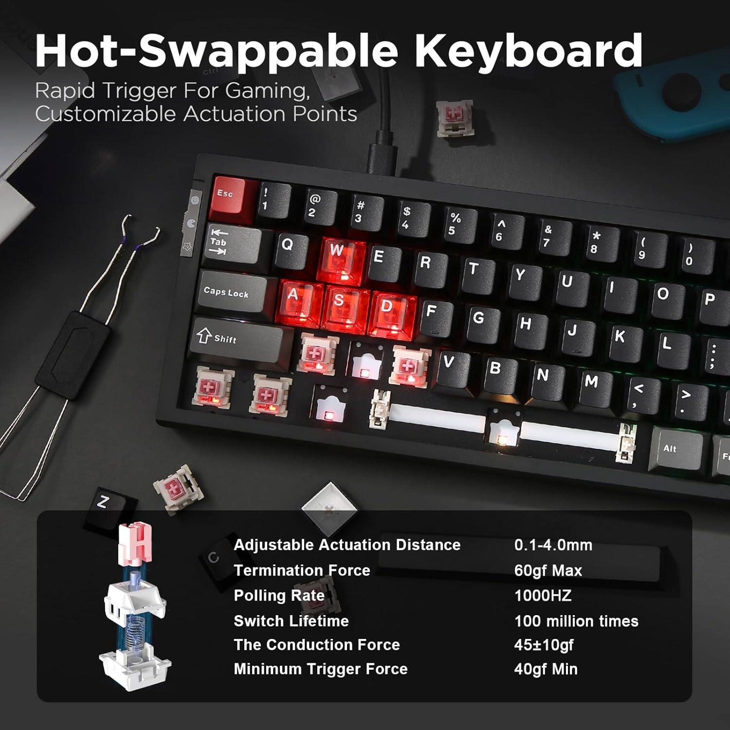 Hot-Swappable Keyboard Rapid Trigger For Gaming, Customizable Actuation Points

Ese Tab Caps Lock Shift + ! 1 + Q A @ 2 W S # 3 E D $ 4 % ^ 5 6 R T F G V  & 7 Y H N * 8 U J M I K ( 9 < o L ) o > P Alt F Z

Adjustable Actuation Distance Termination Force Polling Rate Switch Lifetime The Conduction Force Minimum Trigger Force

0.1-4.0mm 60gf Max 1000HZ 100 million times 4510gf 40gf Min