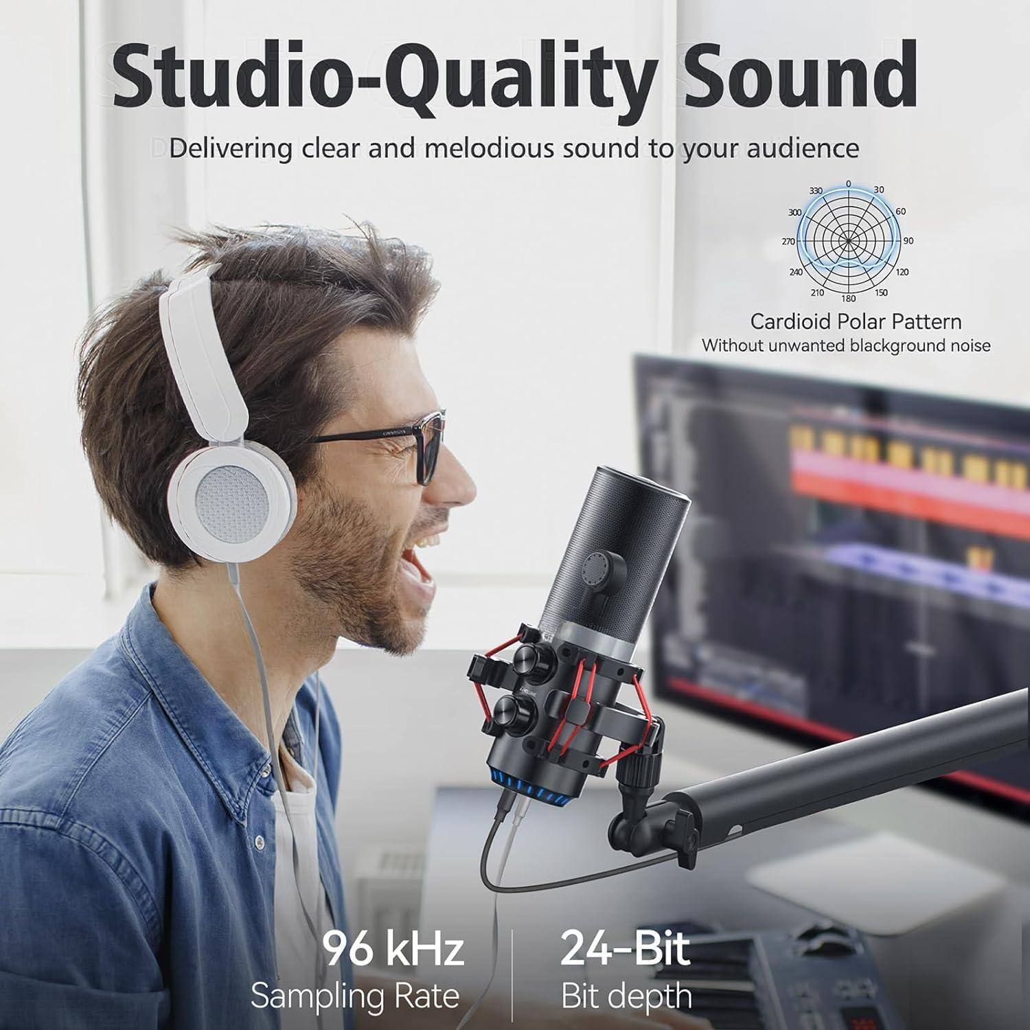 Studio-Quality Sound  
Delivering clear and melodious sound to your audience  

Cardioid Polar Pattern  
Without unwanted background noise  

96 kHz Sampling Rate  
24-Bit Bit depth