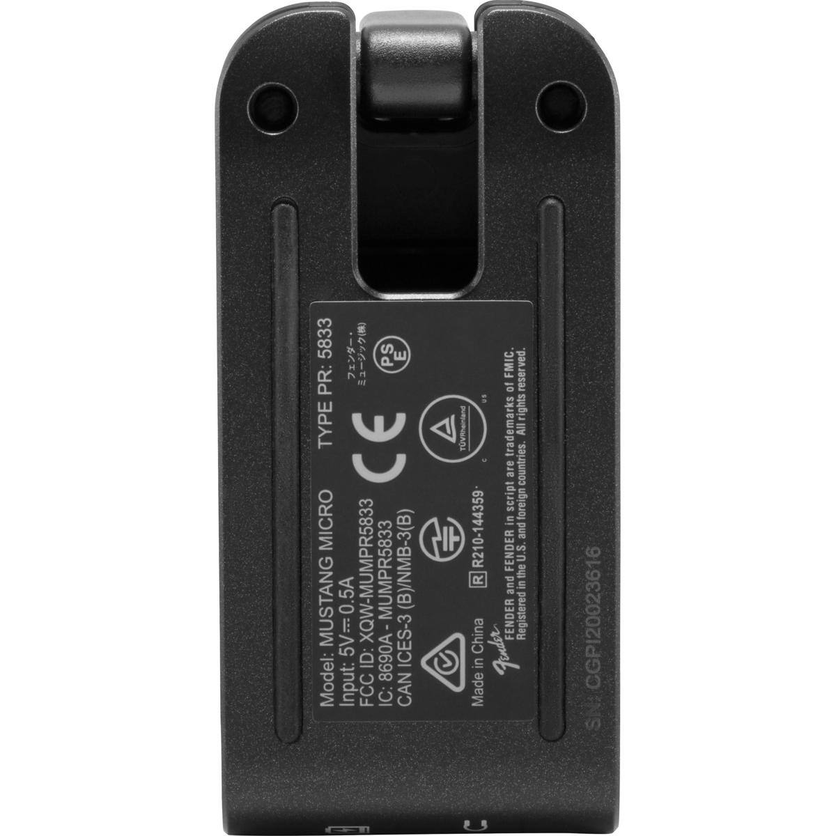 Model: MUSTANG MICRO  
Type: CE MICRO  
Model: XQW-MUMPR5833  
ID: 8690A  
Input: 100-240V~50/60Hz 0.5A  
FCC ID: R210-144359  
IC: 8690A  
CAN ICES-3 (B) 3B  
Made in China  
PS E PR: MUMPR5833  
SN: CGPI20023616  
FENDER  
Registered in U.S. and China  
All rights reserved.  
Foreign script in R210-144359  
TUV  
Made in China