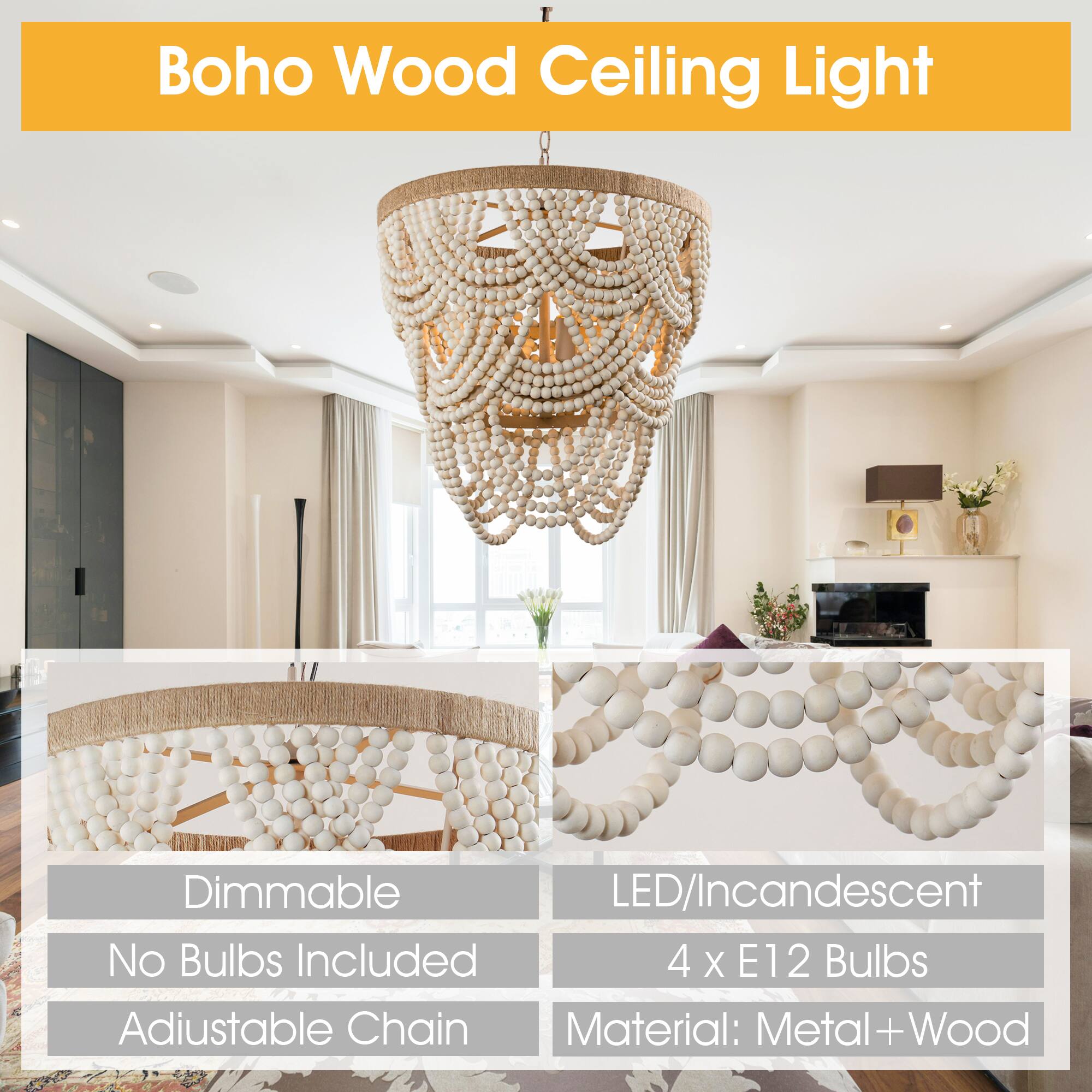 Boho Wood Ceiling Light Dimmable LED/Incandescent No Bulbs Included 4 x E12 Bulbs Adjustable Chain Material: Metal + Wood