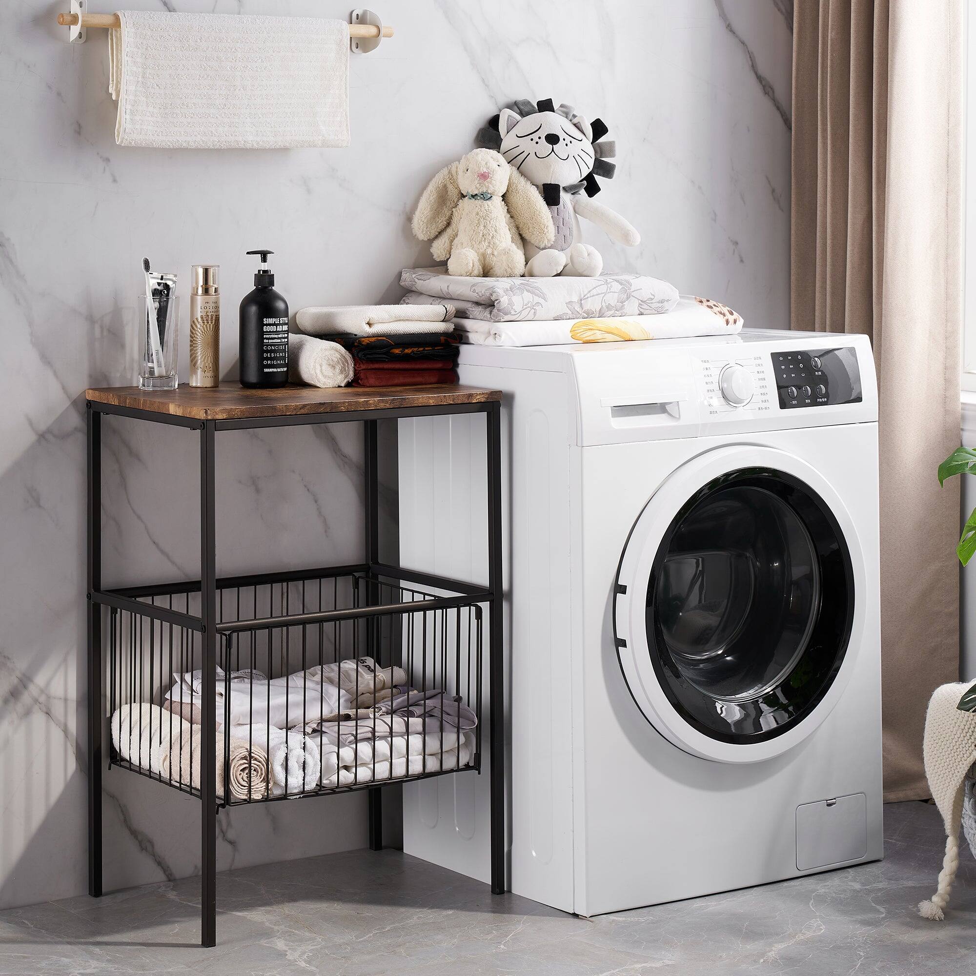 Alt View 4. Vecelo - Industrial Side Table Set of 2 with Storage Basket - 31 Inch Tall End Tables, Rustic Nightstand & Sofa Side Table - Brown.