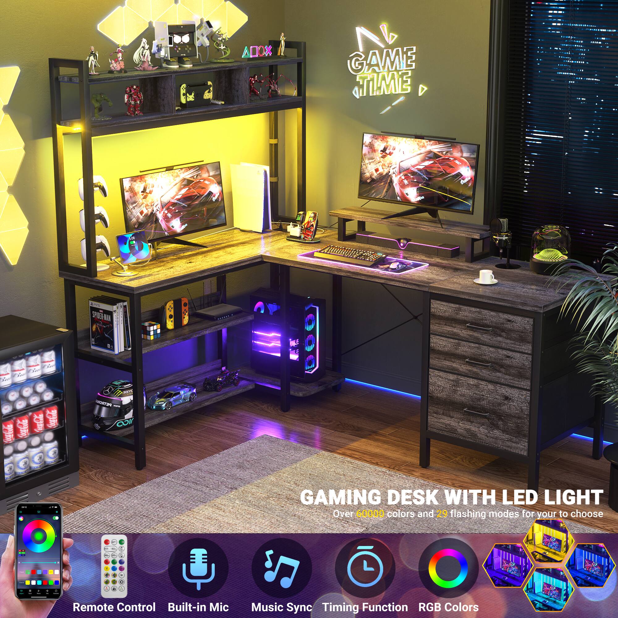 **Gaming Desk with LED Light**

- Over 60,000 colors and 29 flashing modes for you to choose
- Remote Control
- Built-in Mic
- Music Sync
- Timing Function
- RGB Colors

**Features:**
- Game Time
- Over 60,000 colors and 29 flashing modes for your to choose
- Remote Control
- Built-in Mic
- Music Sync
- Timing Function
- RGB Colors