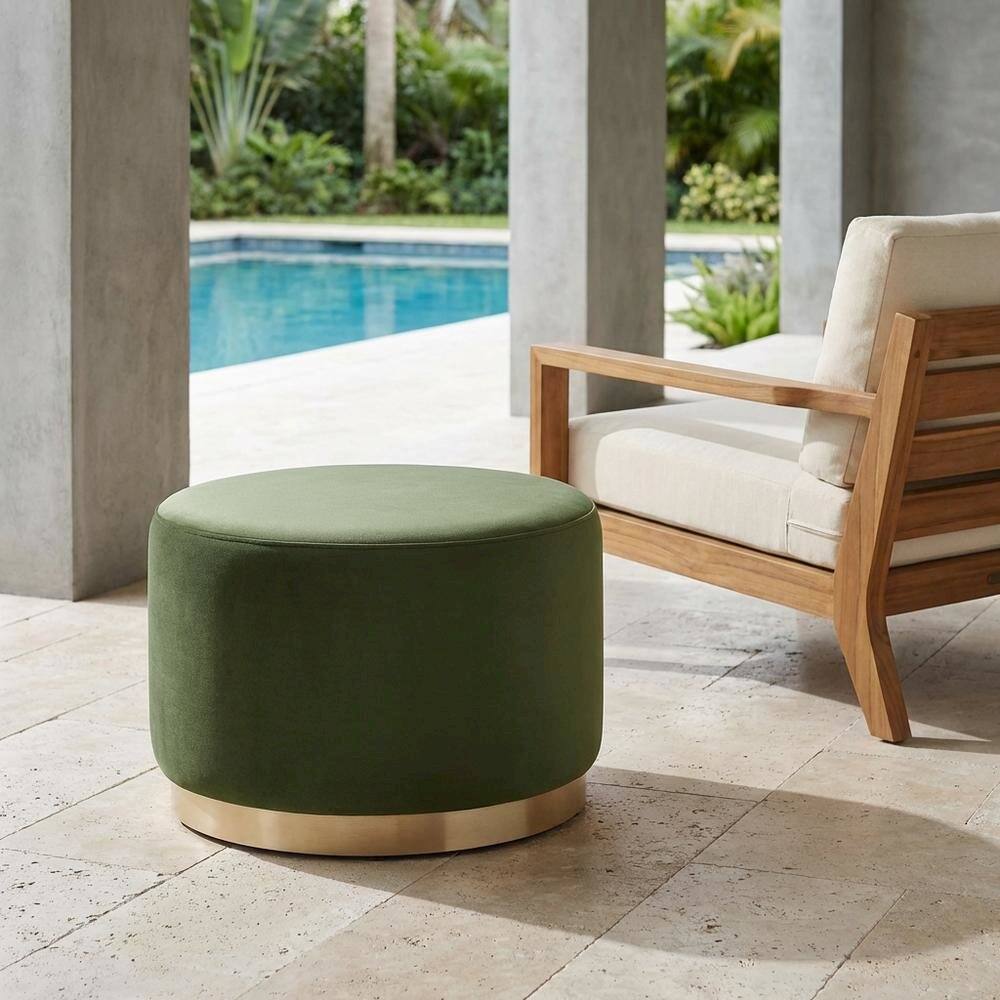 Left. Outdoor Escape - Performance Velvet Round Ottoman, Neutral Color, Plush Upholstery, Sturdy Base - Green.