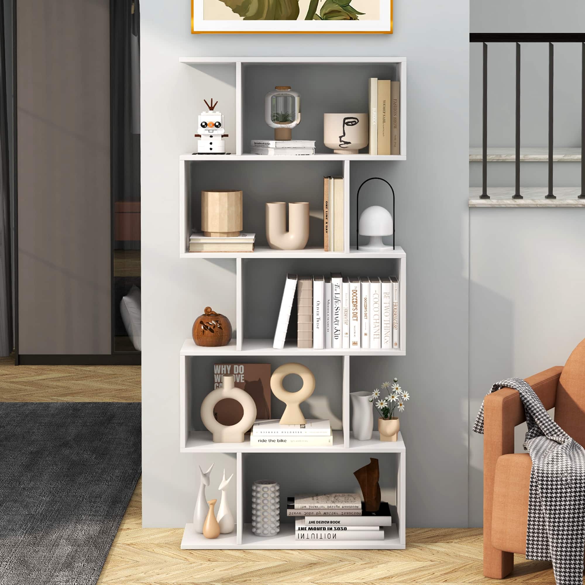 Costway - 1 PC 5-Tier Bookshelf Geometric S-Shaped Bookcase Room Divider Storage Display Shelf - White