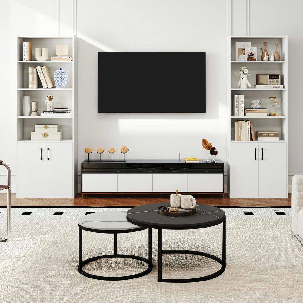 Left. Kadyn - 70" 6-Tier Bookcase - Adjustable Shelves + 2-Door Cabinet, White - White.