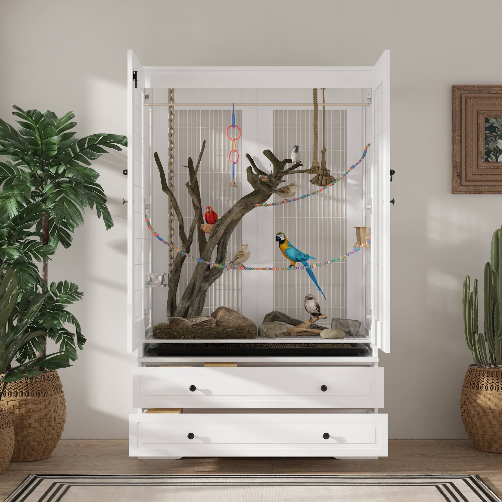 Back. Famapy - Modern Bird Cage Furniture with Storage Drawers – Parrot & Small Bird Habitat with Stylish Home Display Design.